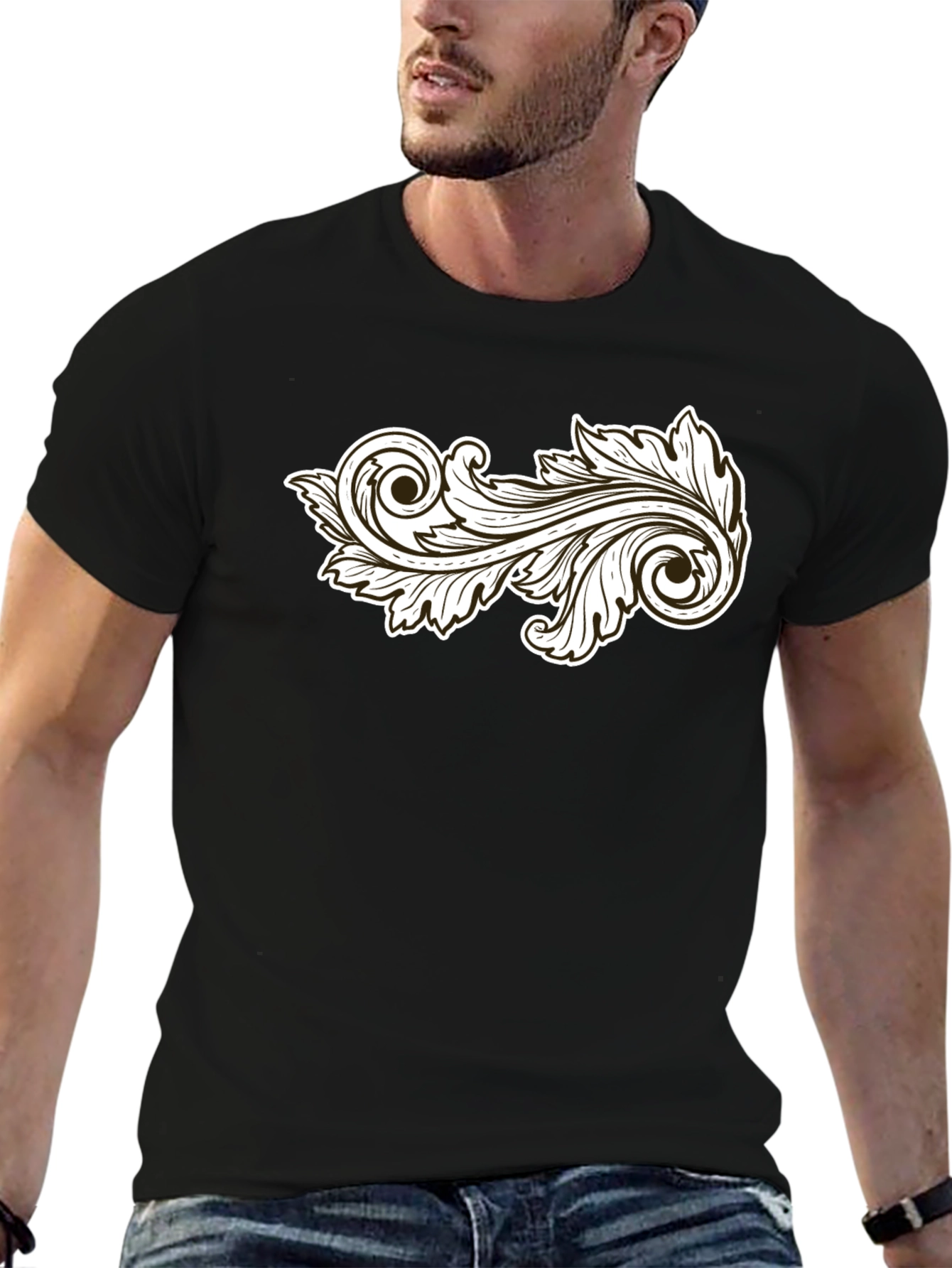 Stylish Black T-Shirt with Ornamental Leaf Design