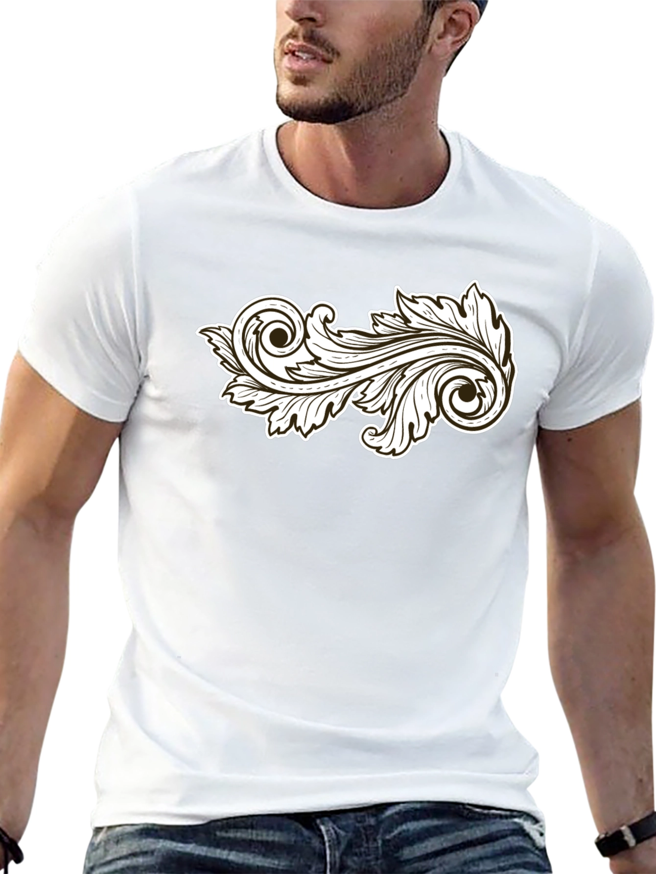 Stylish Black T-Shirt with Ornamental Leaf Design