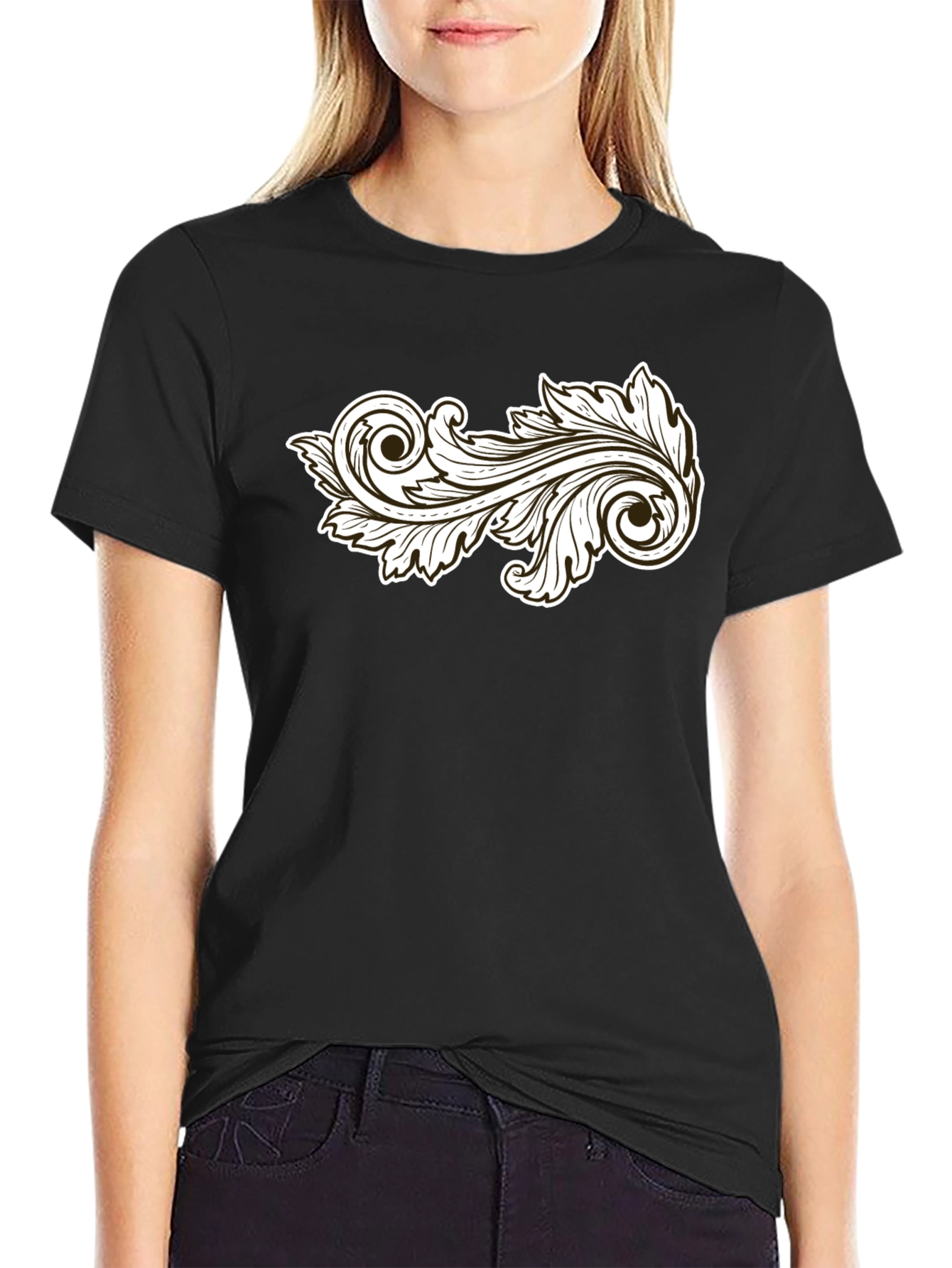 Stylish Black T-Shirt with Ornamental Leaf Design
