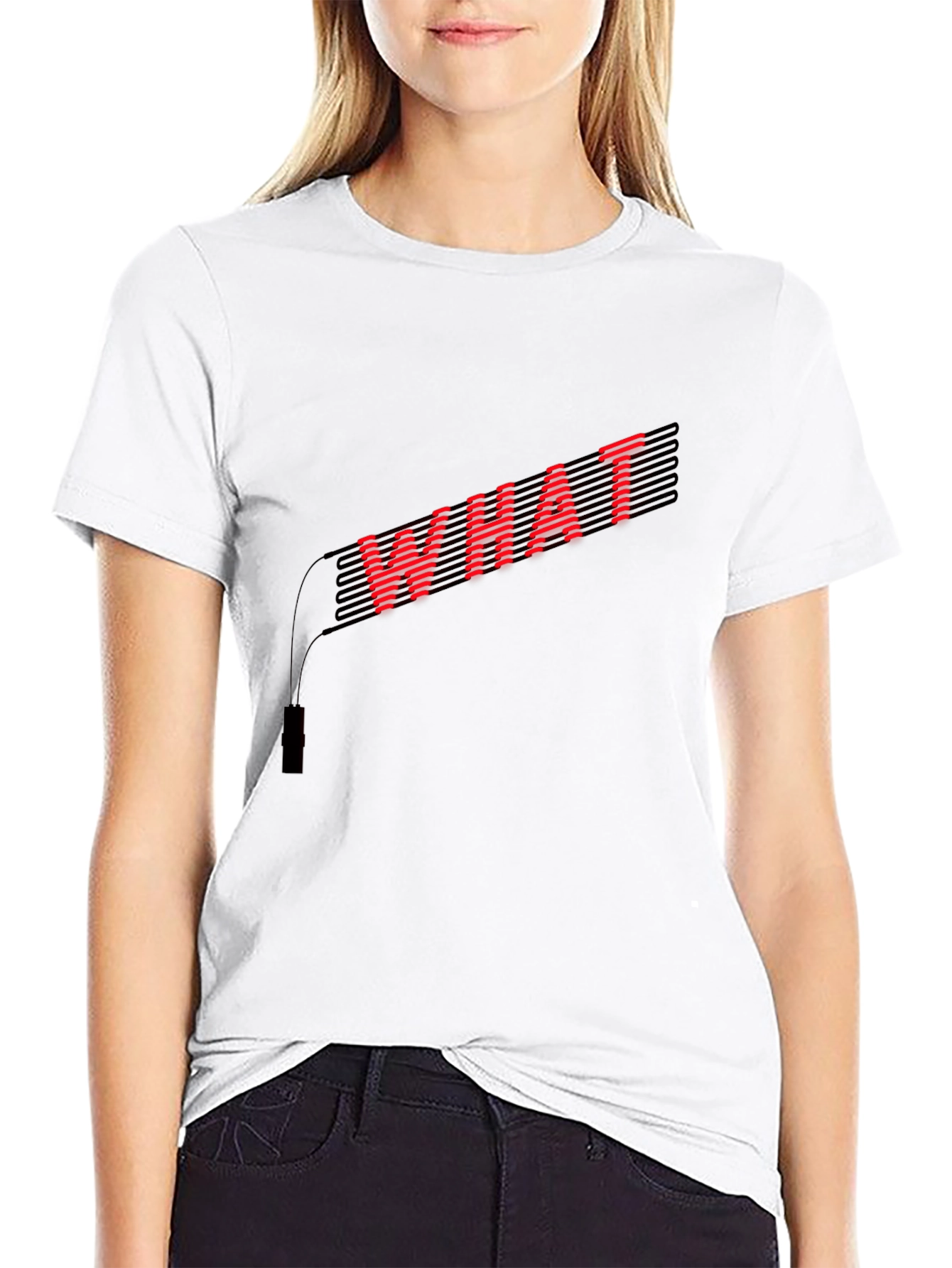 Red WHAT Graphic Black T-Shirt