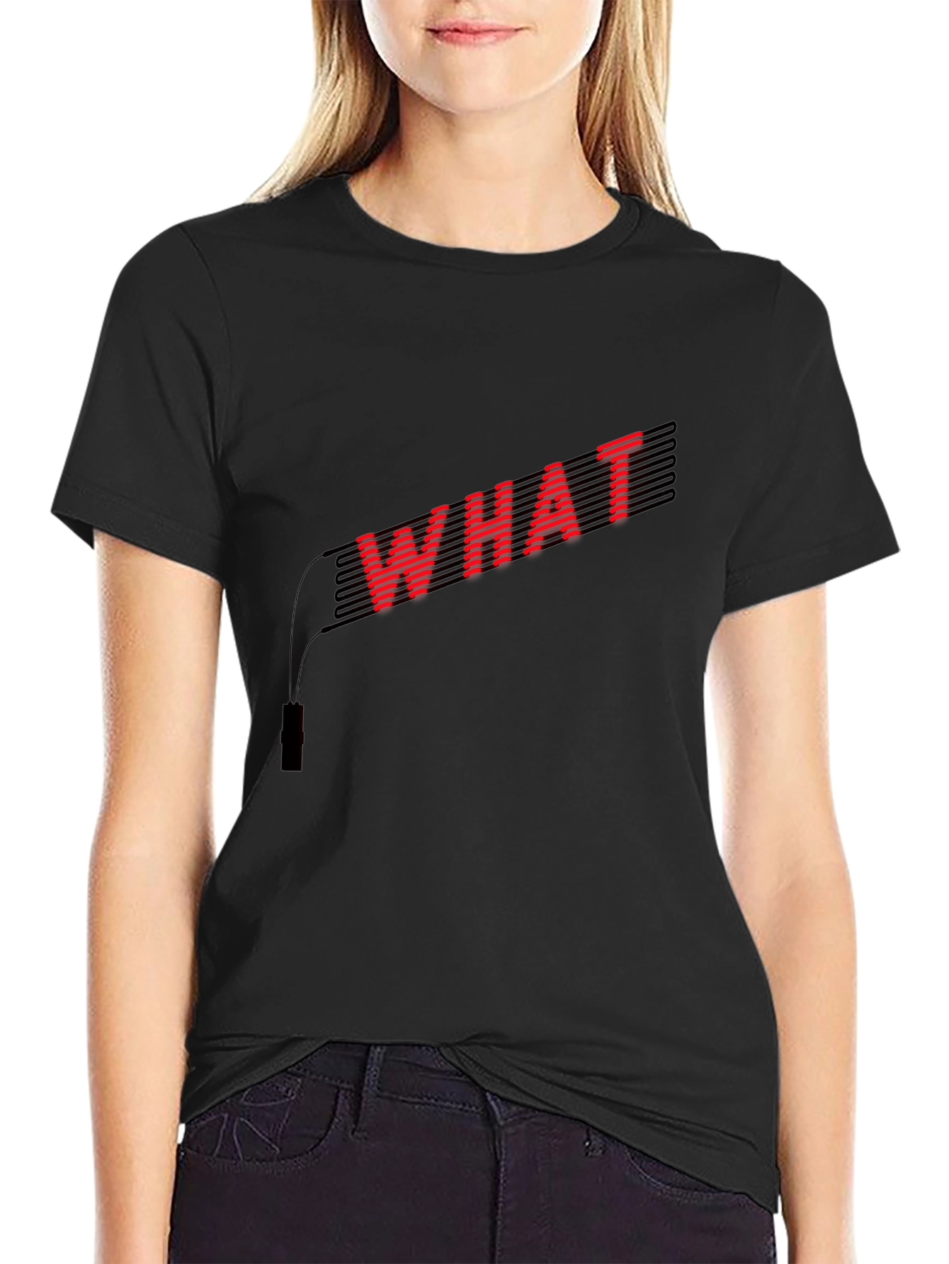 Red WHAT Graphic Black T-Shirt
