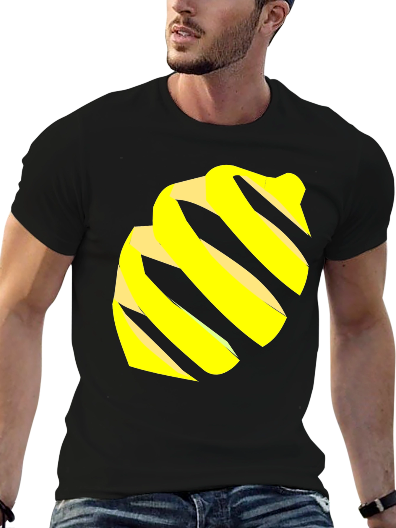 Modern Black Tee with Abstract Yellow Swirl Design