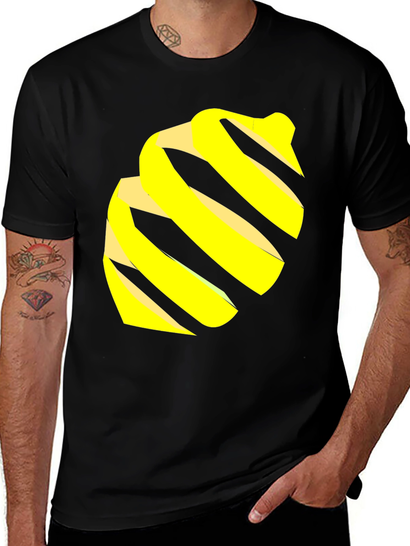 Modern Black Tee with Abstract Yellow Swirl Design