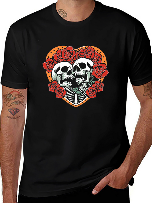 Skull & Roses Graphic Tee - Romantic Skeleton Couple T-Shirt