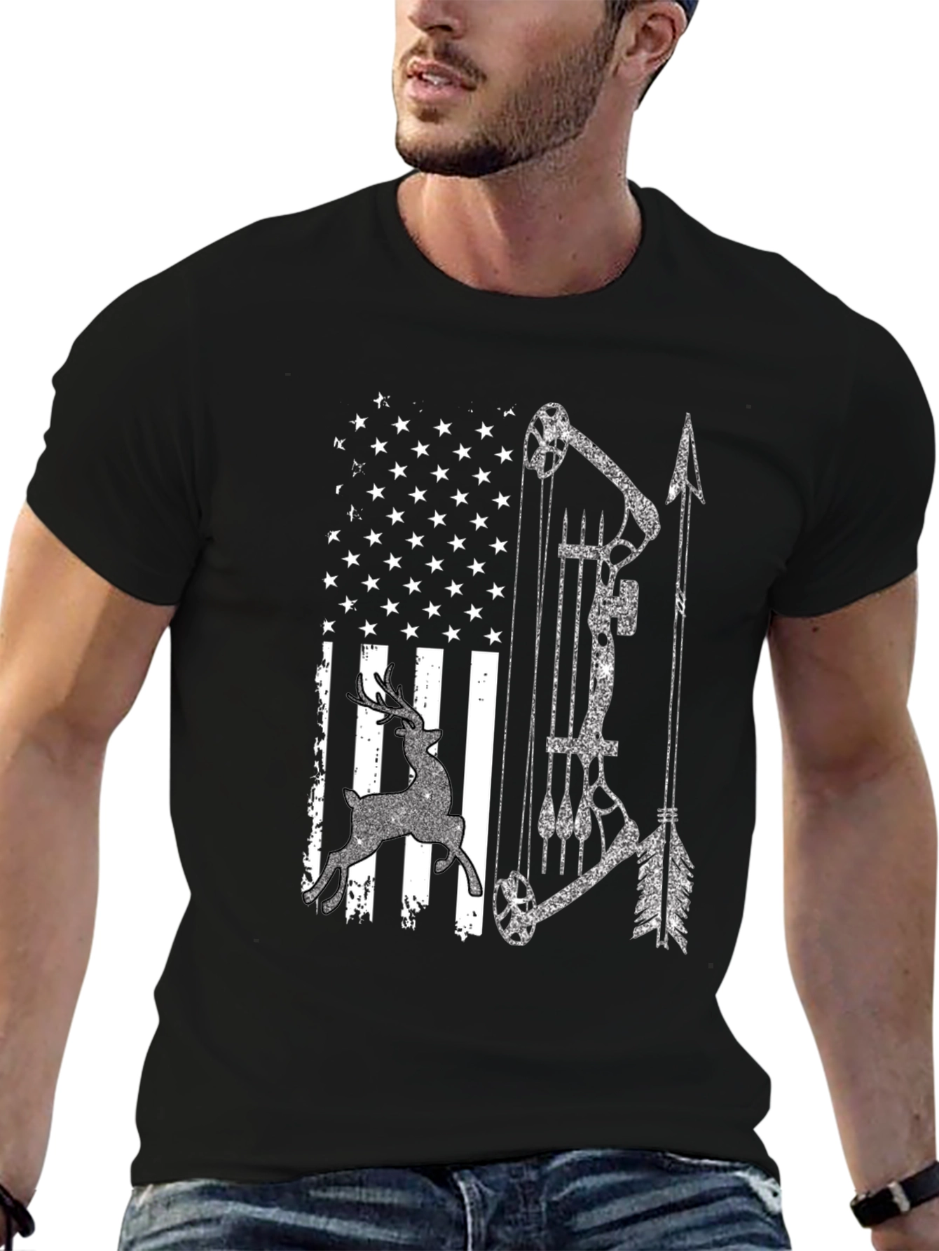 American Flag Deer Bow Hunting T-Shirt