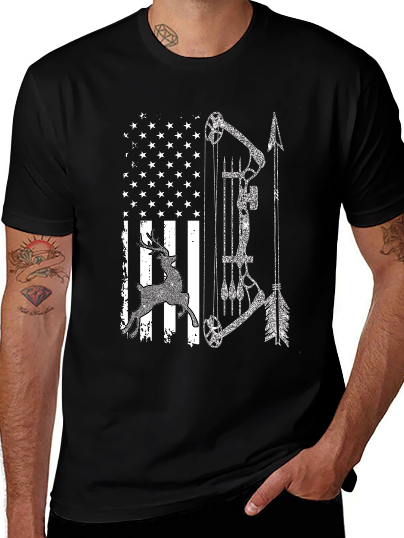 American Flag Deer Bow Hunting T-Shirt