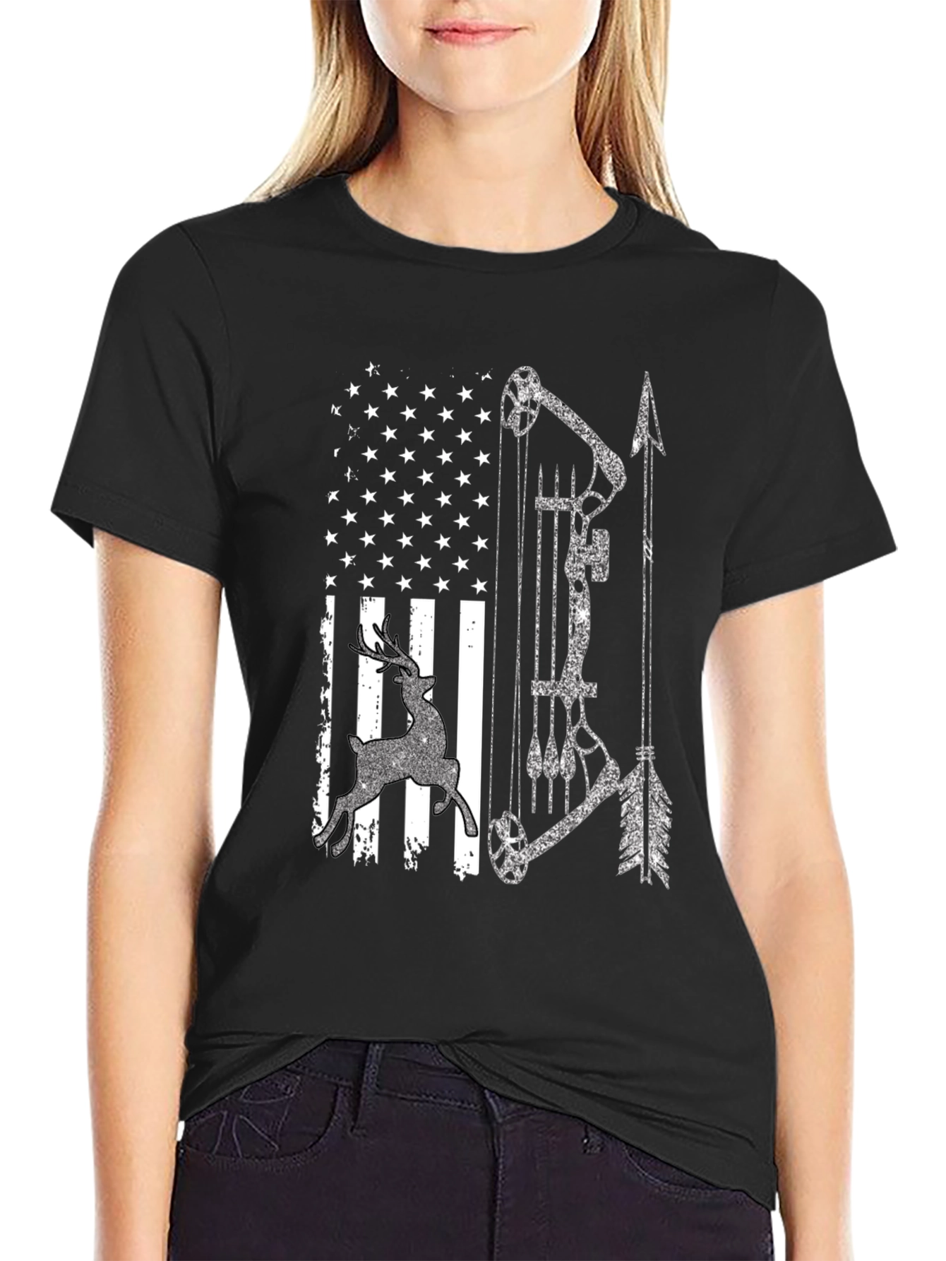 American Flag Deer Bow Hunting T-Shirt