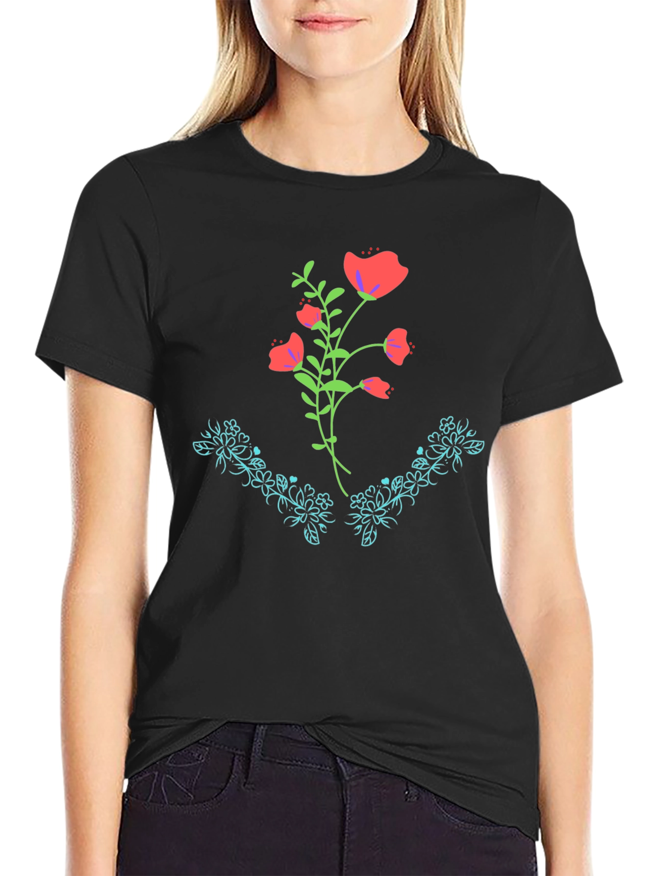 Floral Graphic Print Black Tee
