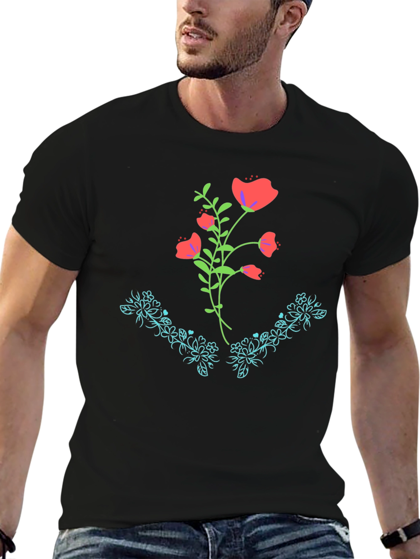 Floral Graphic Print Black Tee