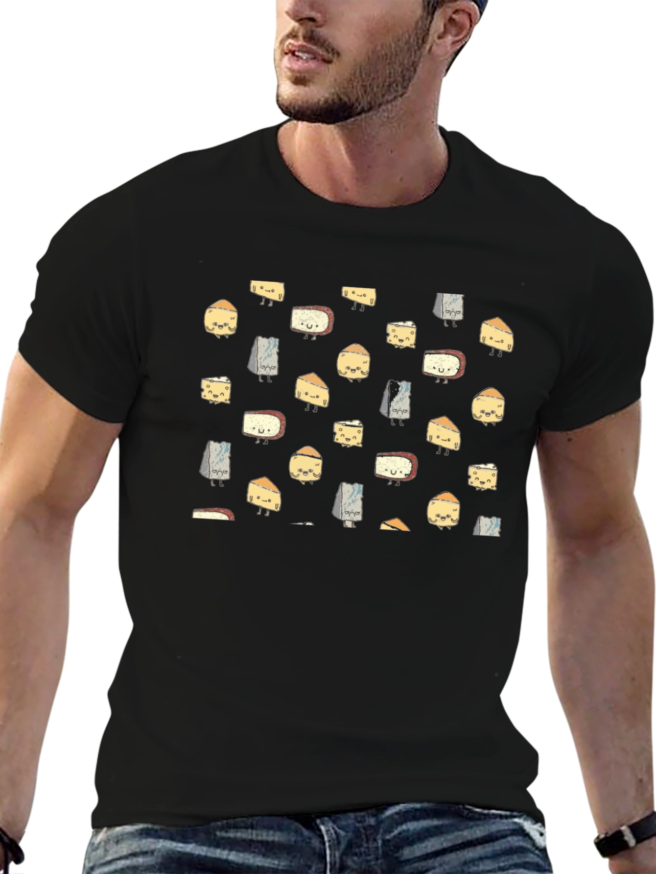Funny Cheese Pattern Black T-Shirt