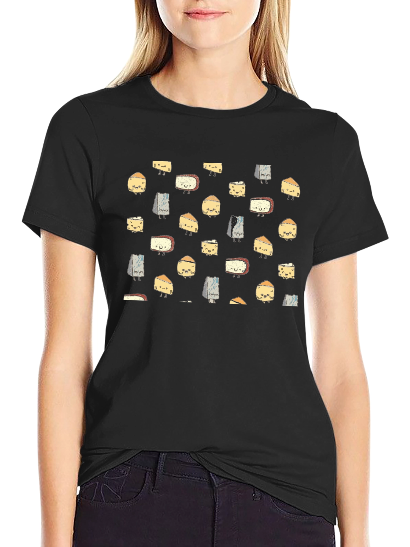 Funny Cheese Pattern Black T-Shirt
