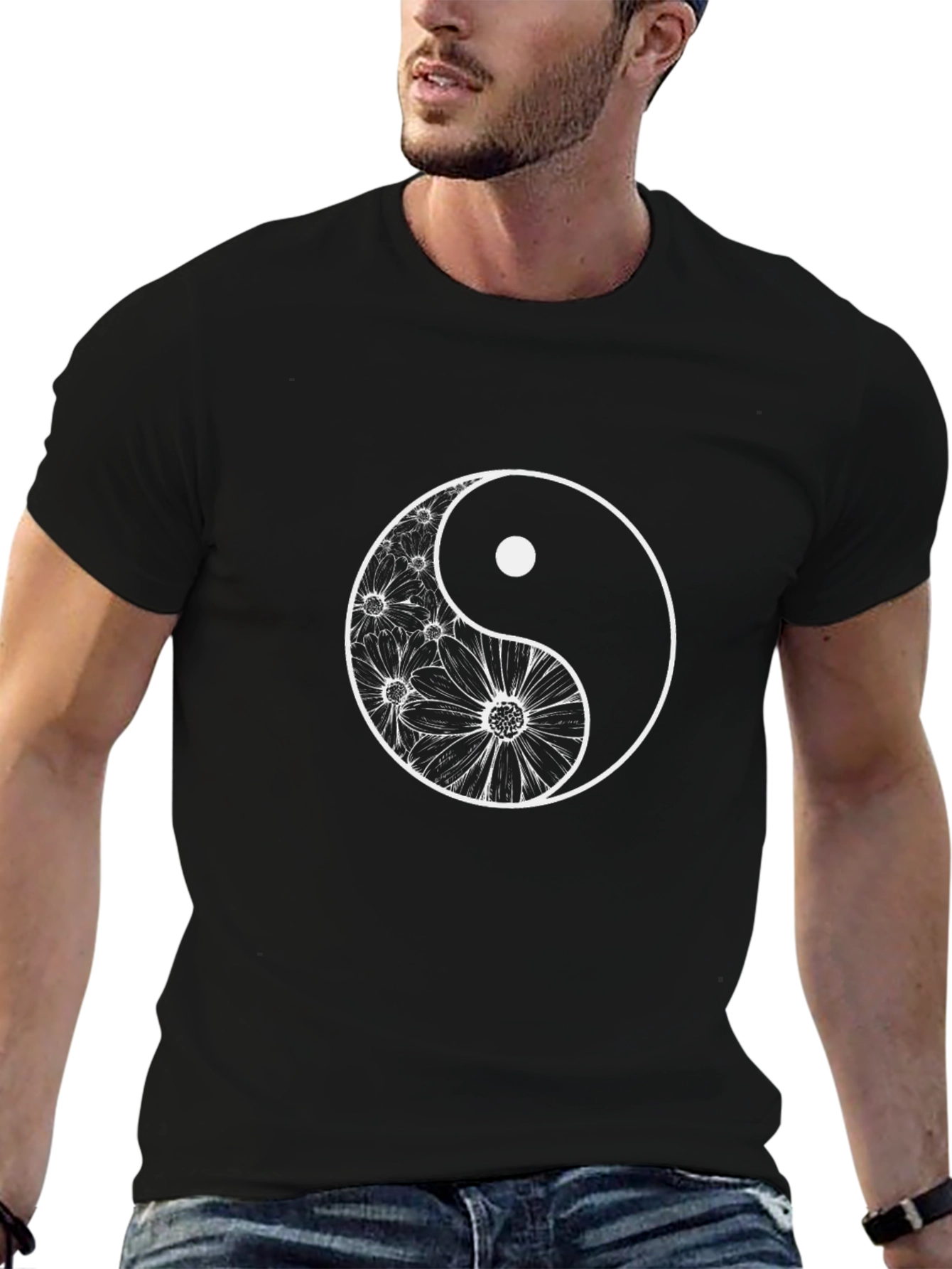 Yin Yang Floral T-Shirt - Casual Black Tee