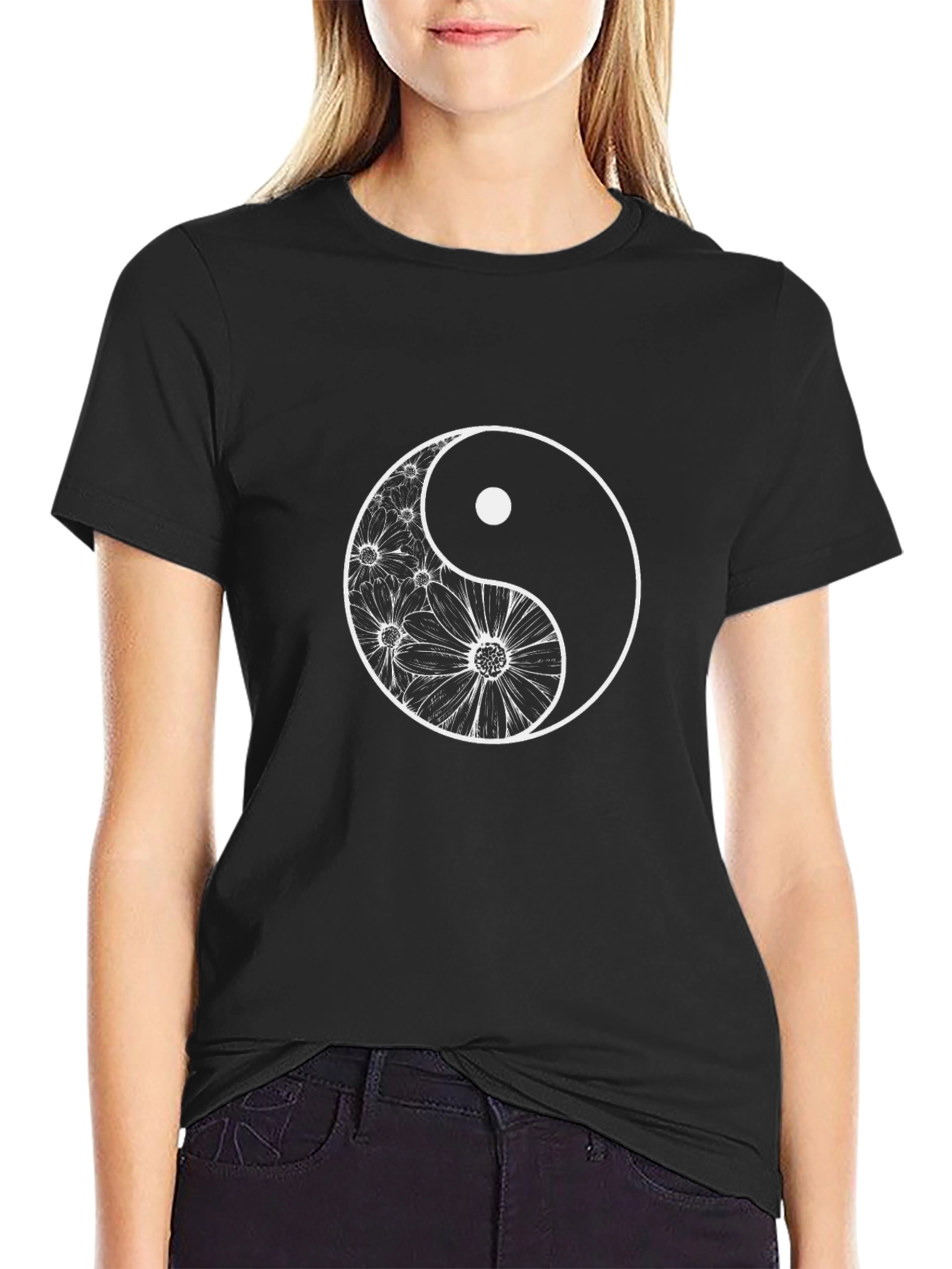 Yin Yang Floral T-Shirt - Casual Black Tee