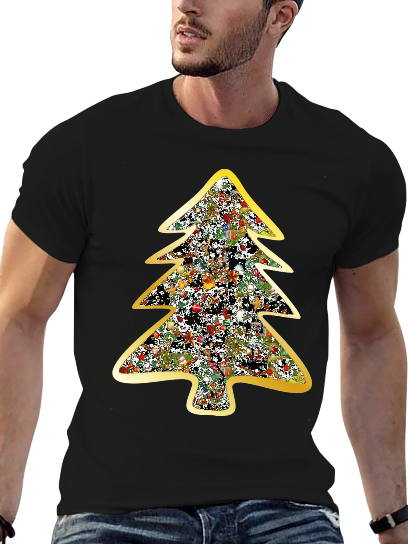 Festive Christmas Tree Graphic Tee - Black