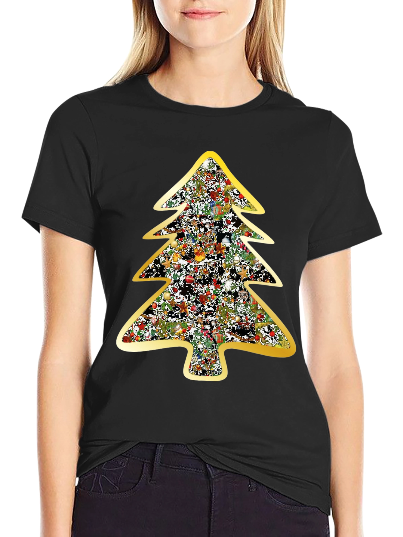 Festive Christmas Tree Graphic Tee - Black