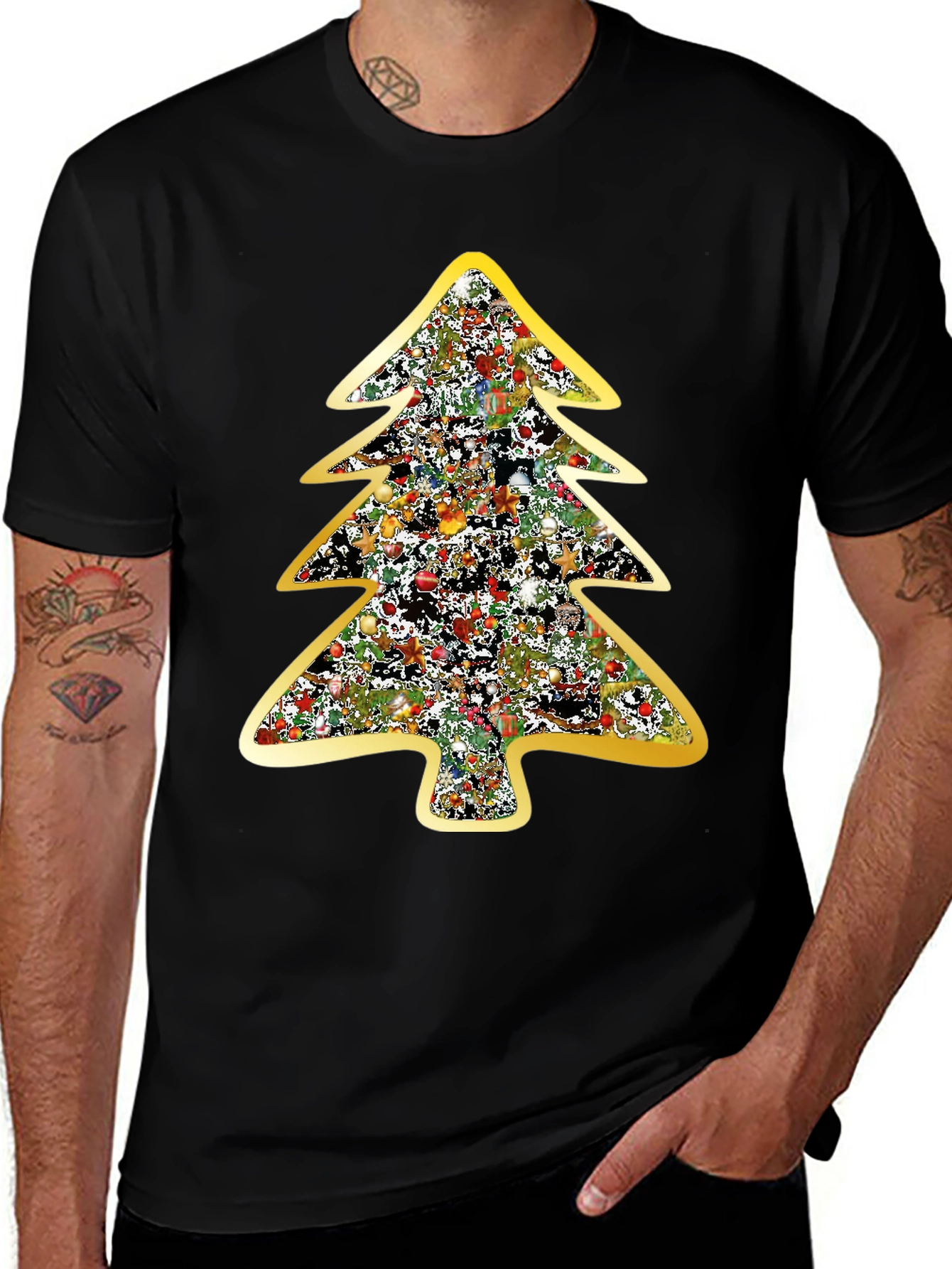 Festive Christmas Tree Graphic Tee - Black