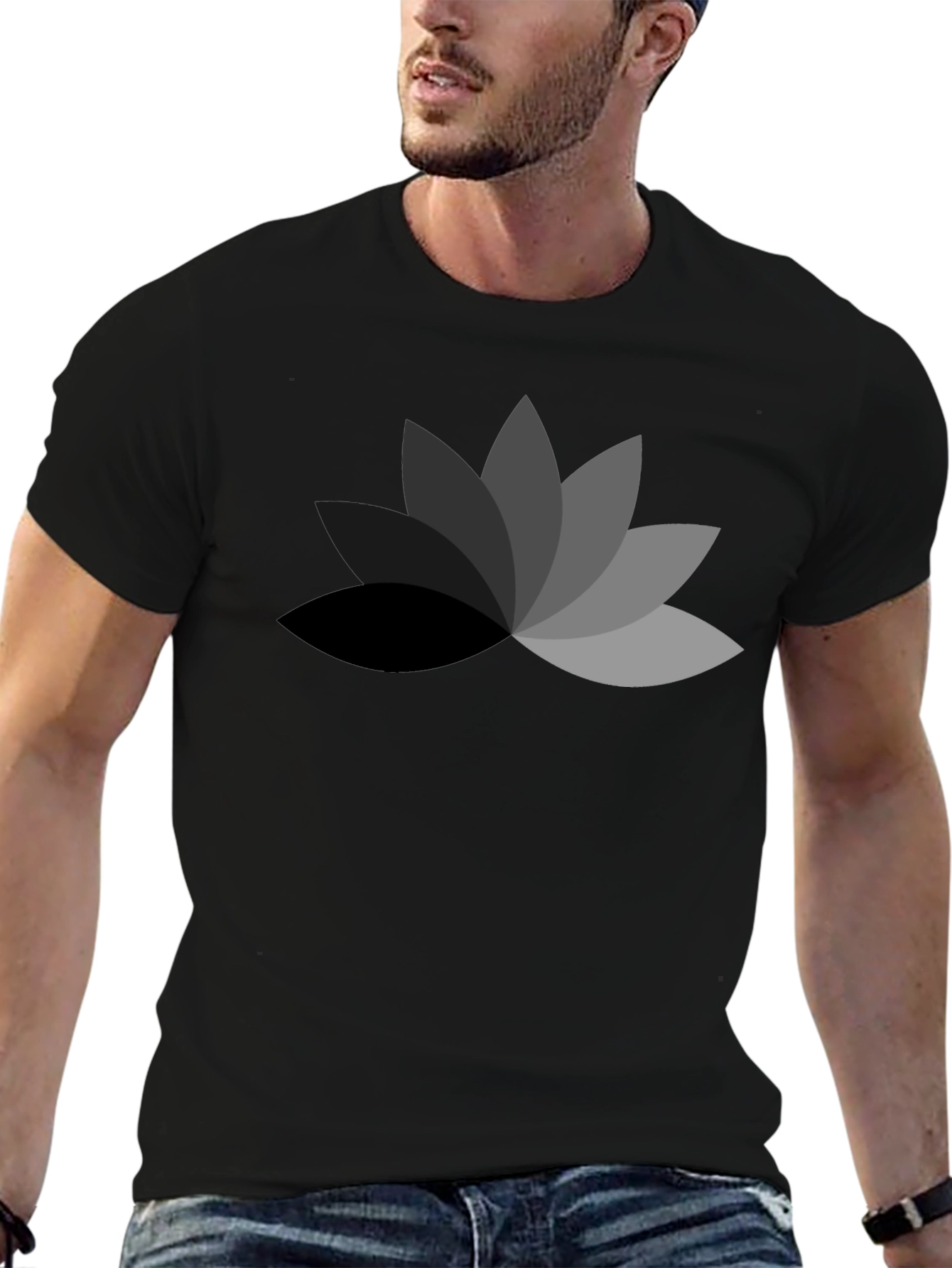 Mens Black T-Shirt with Geometric Lotus Flower Design