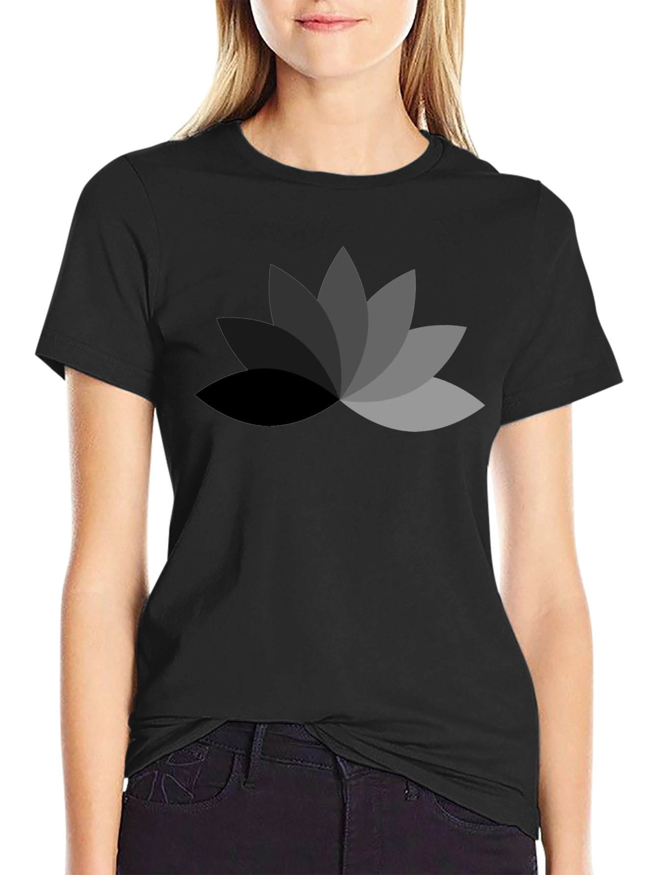 Mens Black T-Shirt with Geometric Lotus Flower Design