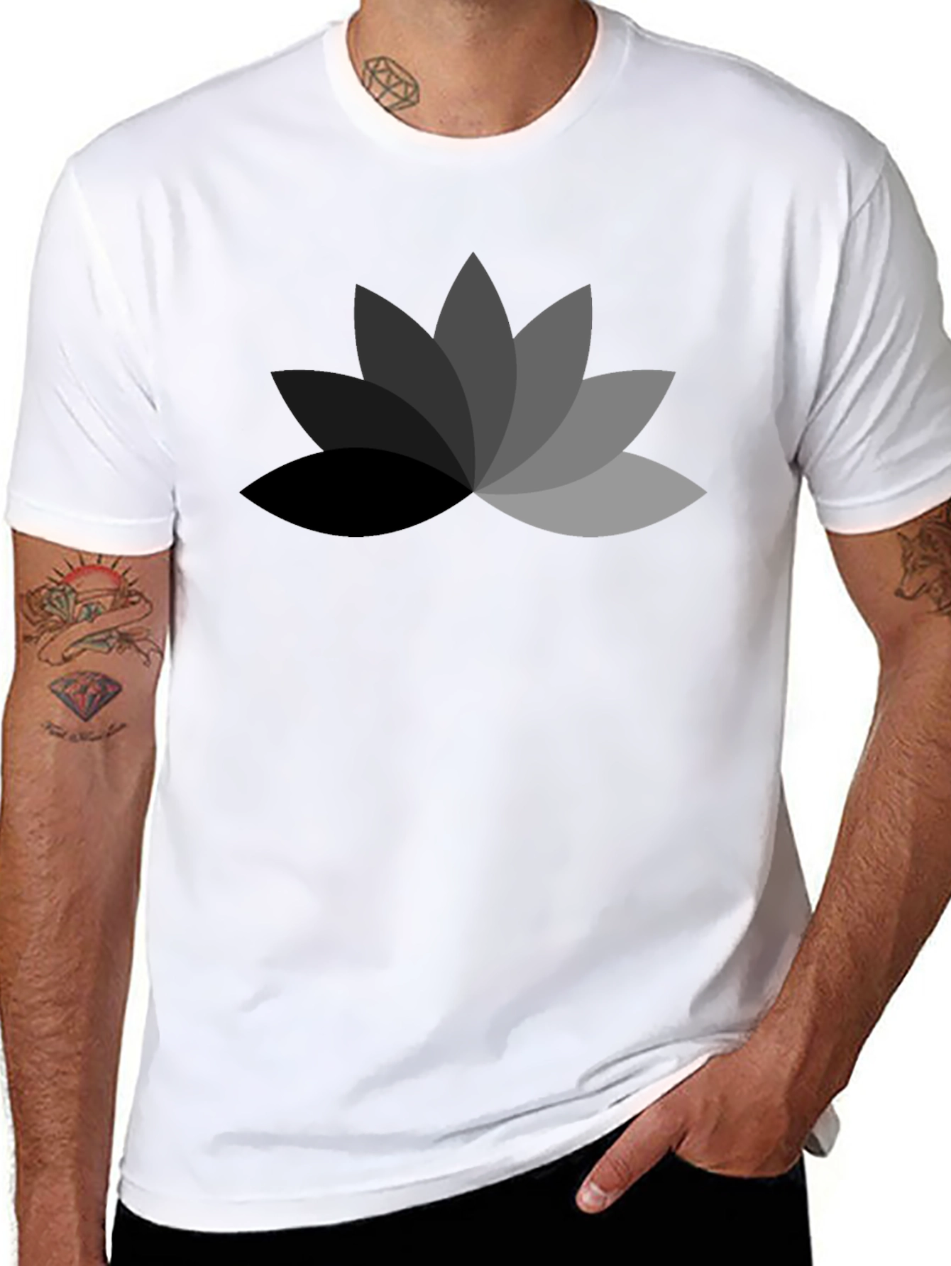Mens Black T-Shirt with Geometric Lotus Flower Design