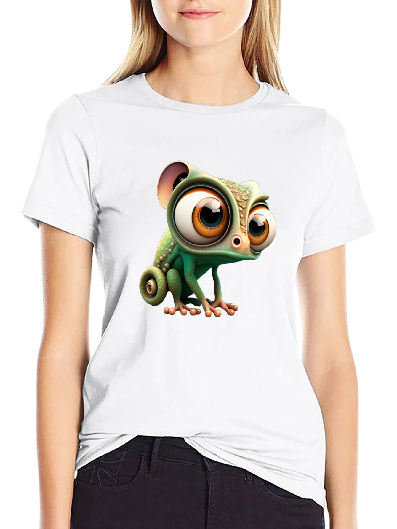 Cute Cartoon Chameleon Graphic Tee - Black