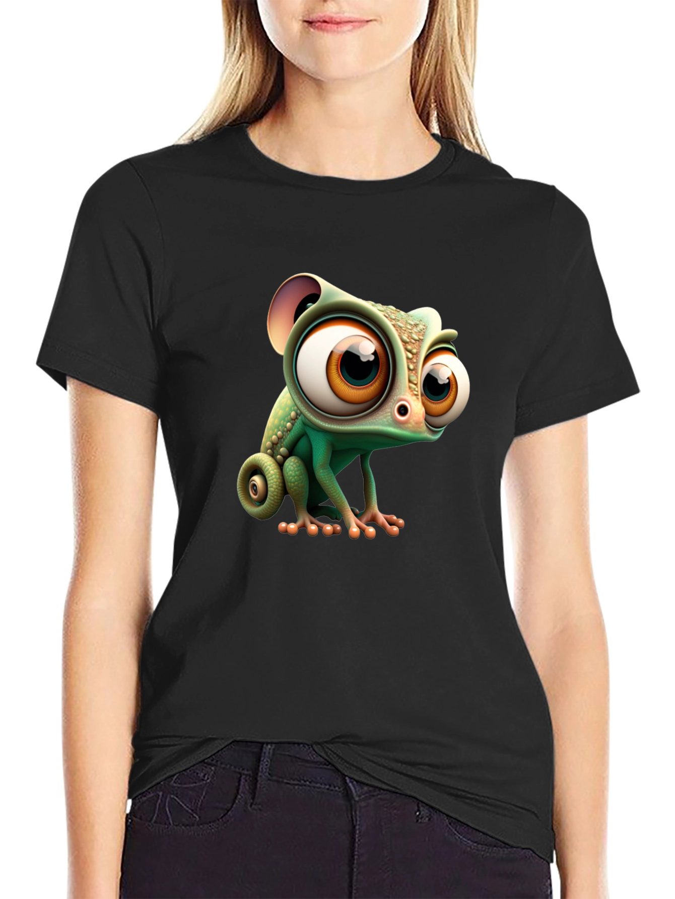 Cute Cartoon Chameleon Graphic Tee - Black