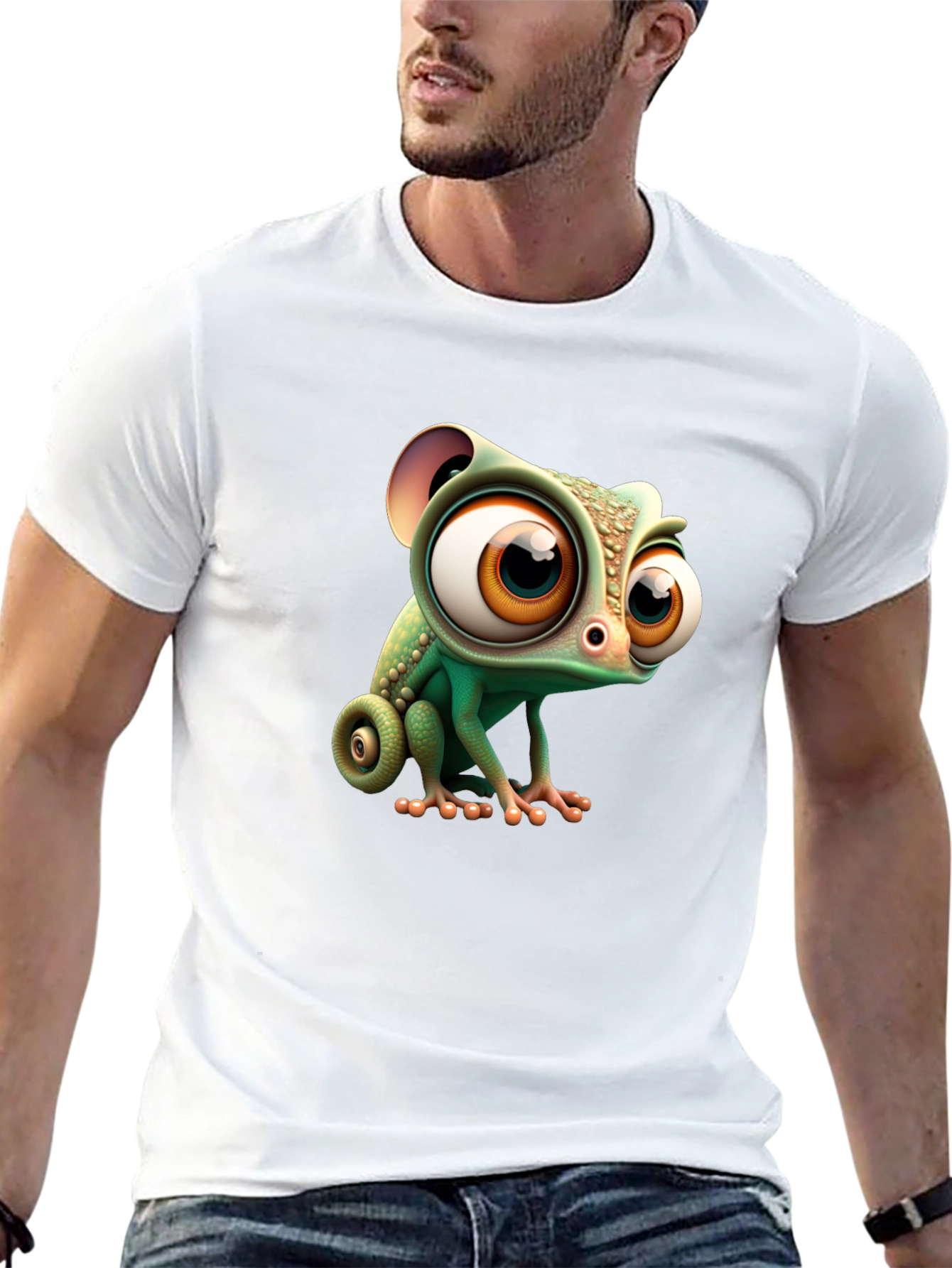 Cute Cartoon Chameleon Graphic Tee - Black