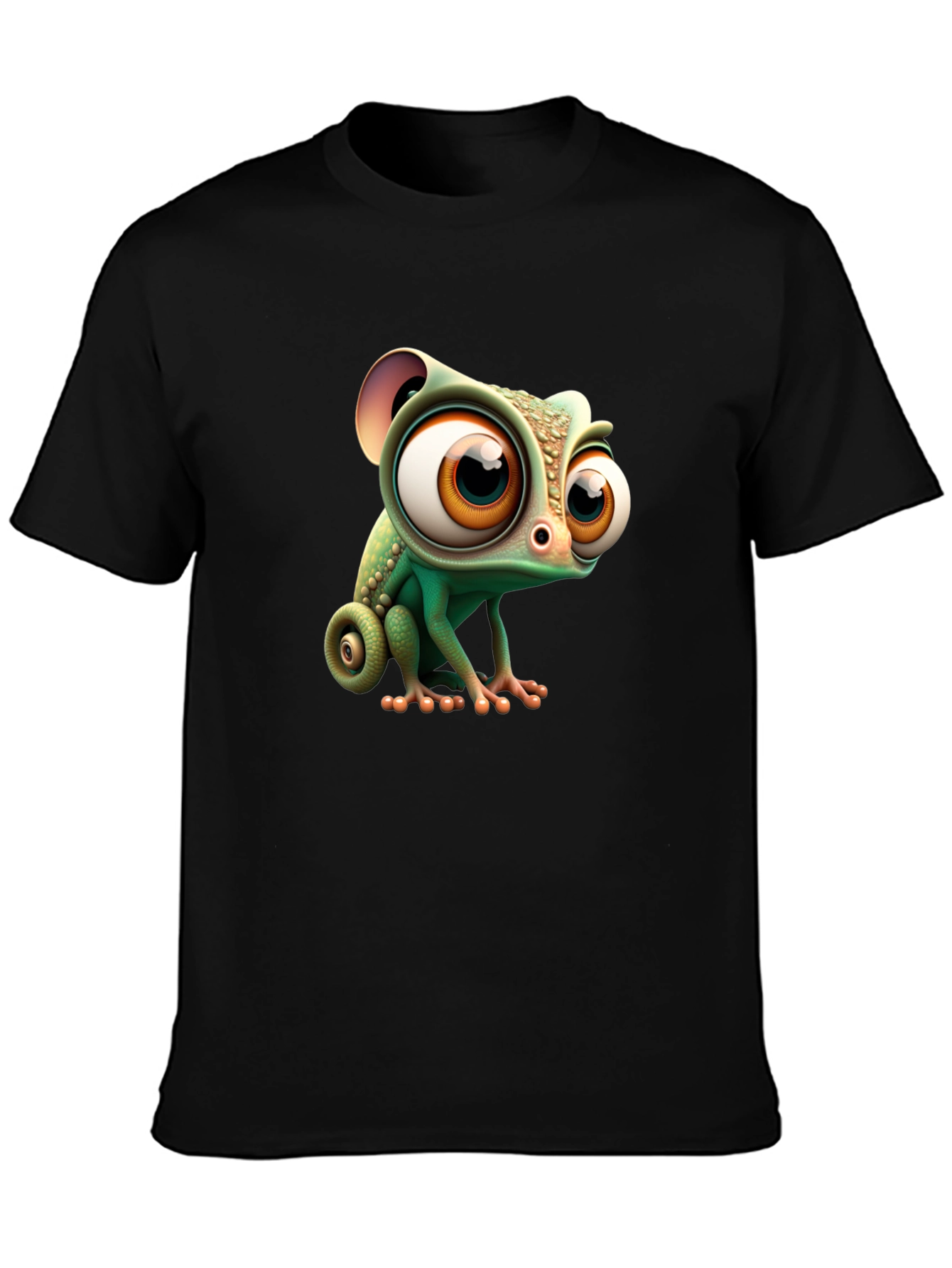 Cute Cartoon Chameleon Graphic Tee - Black