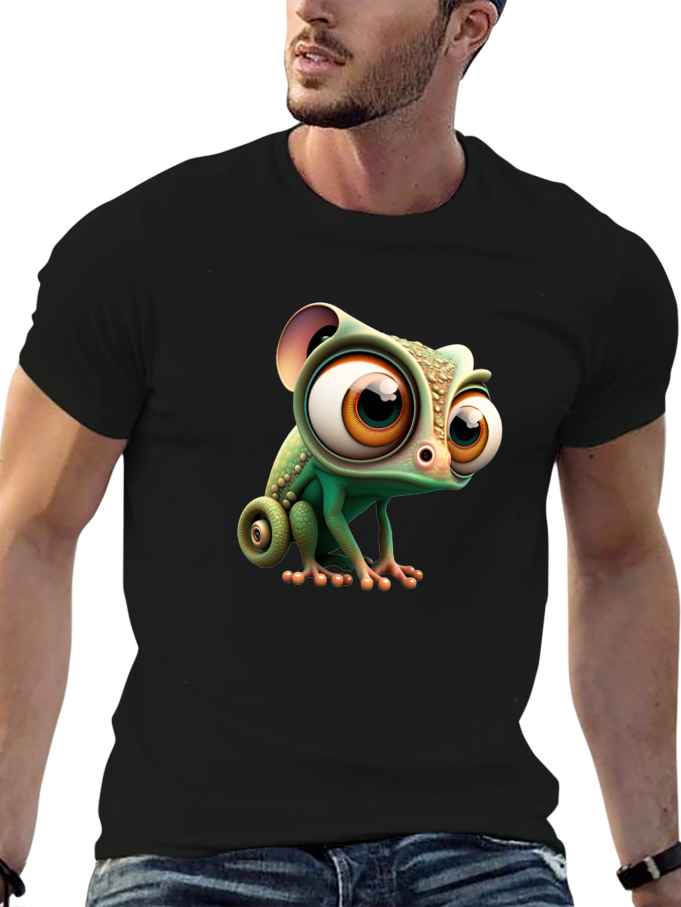 Cute Cartoon Chameleon Graphic Tee - Black