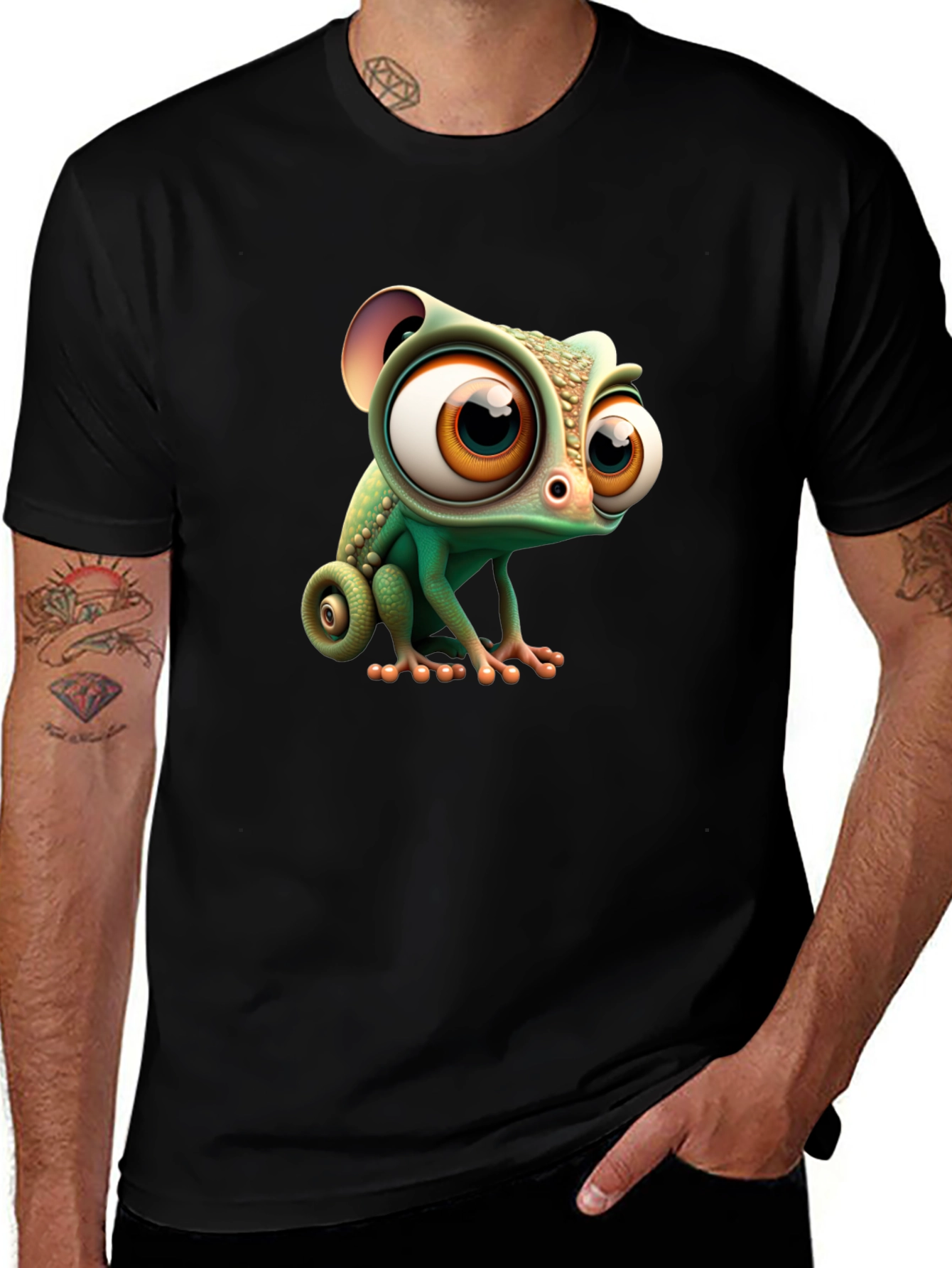 Cute Cartoon Chameleon Graphic Tee - Black