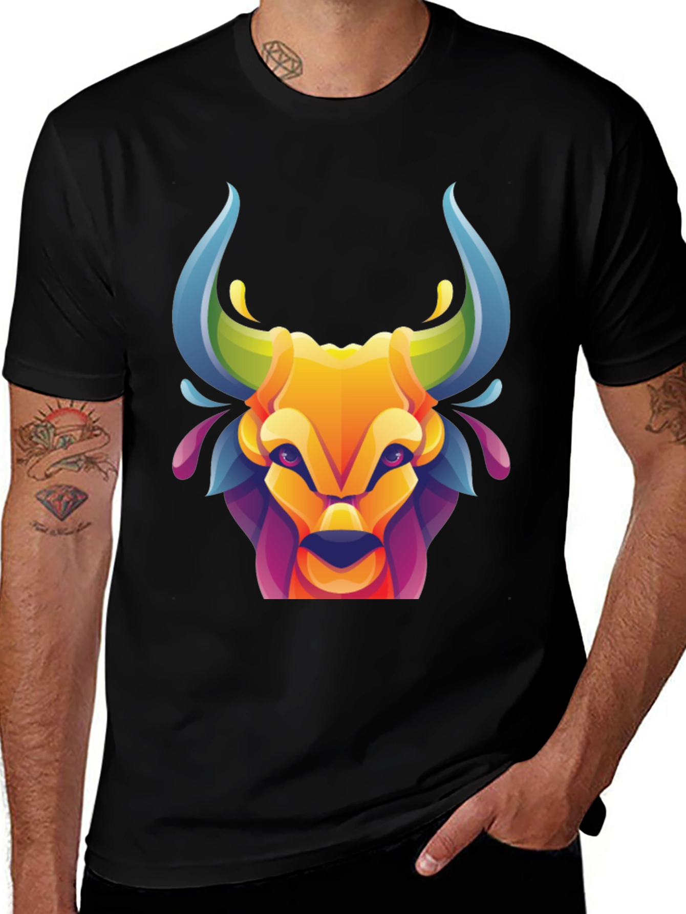Vibrant Bull Graphic Tee - Stylish Mens Black T-Shirt