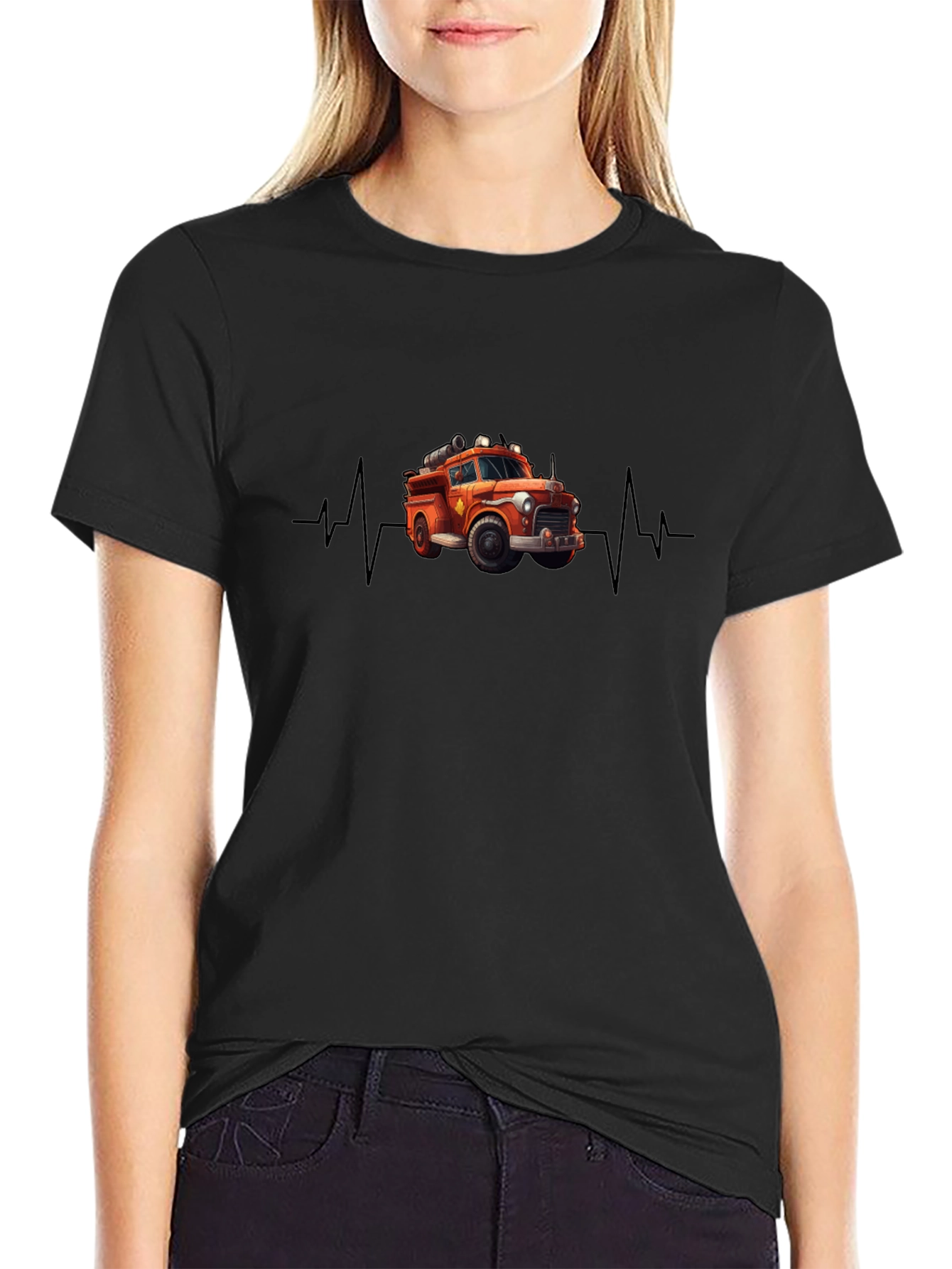Fire Truck Heartbeat T-Shirt - Black