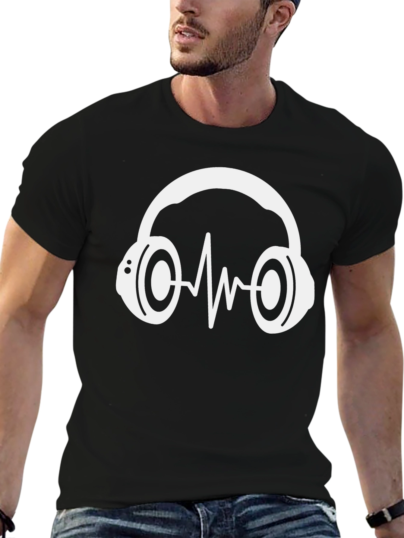 Music Lovers Black T-Shirt with Headphone Graphic