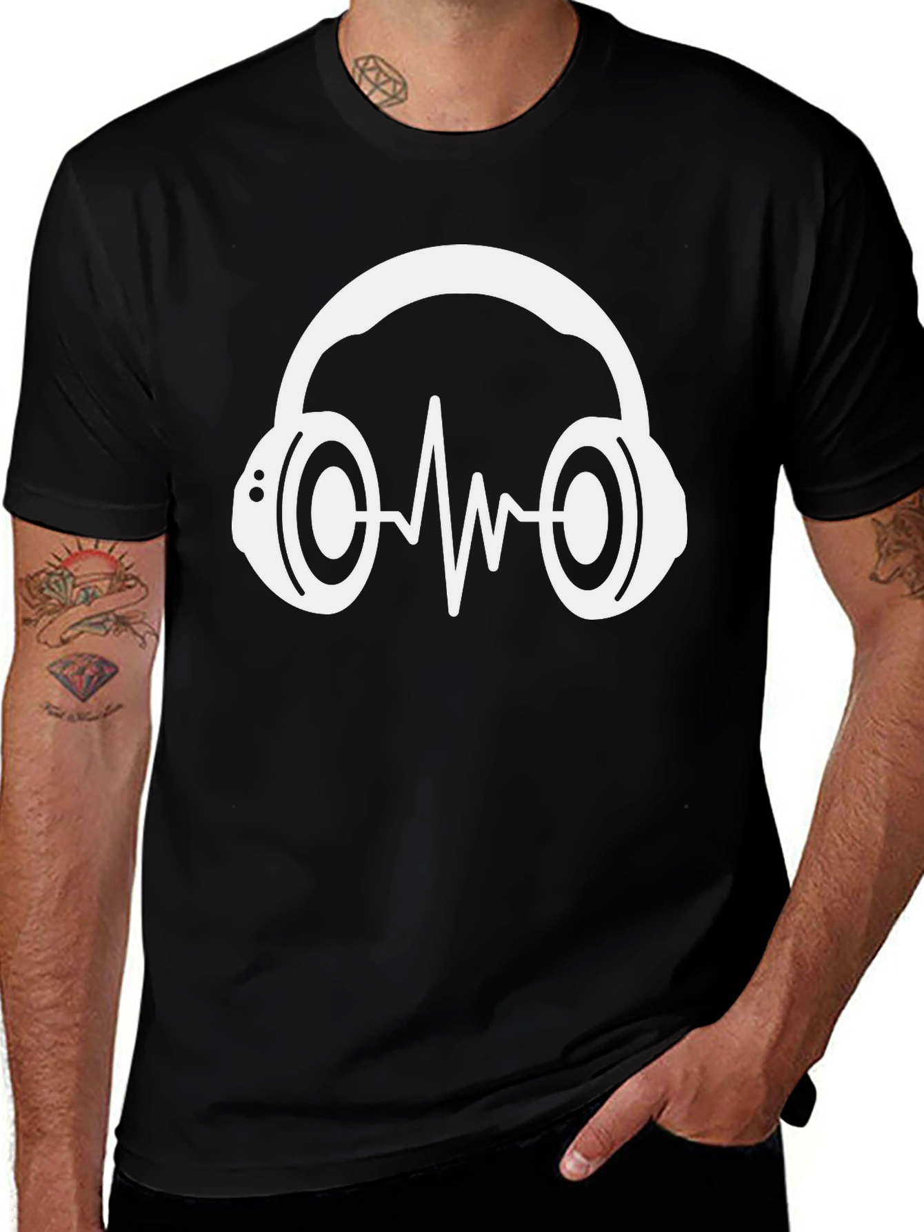 Music Lovers Black T-Shirt with Headphone Graphic