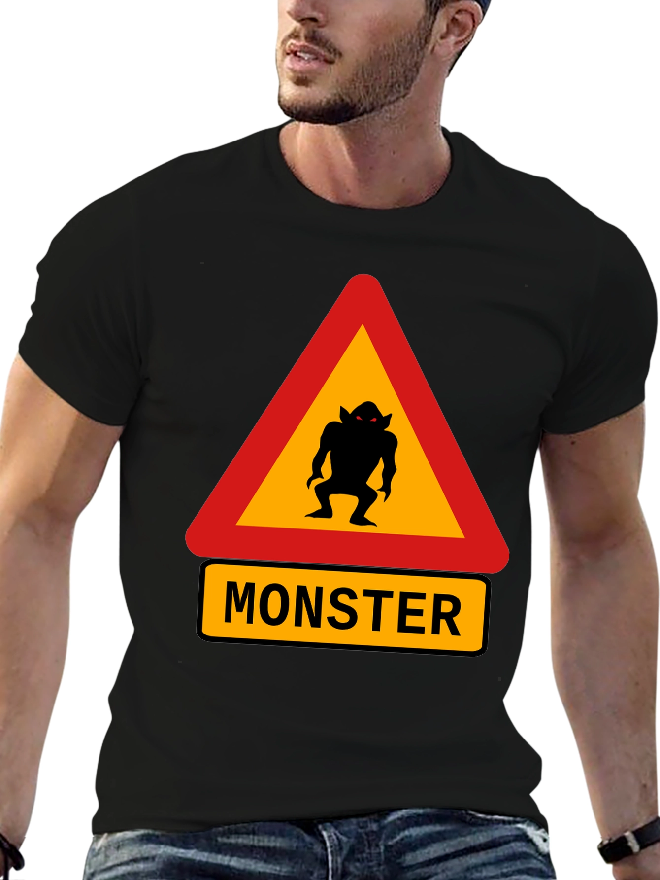Monster Warning Sign Black T-Shirt