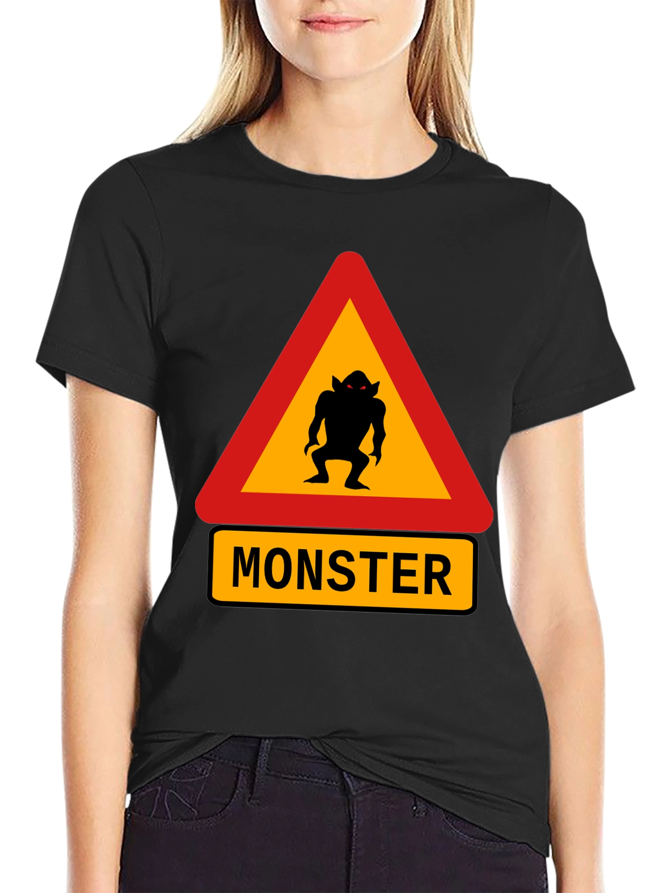 Monster Warning Sign Black T-Shirt