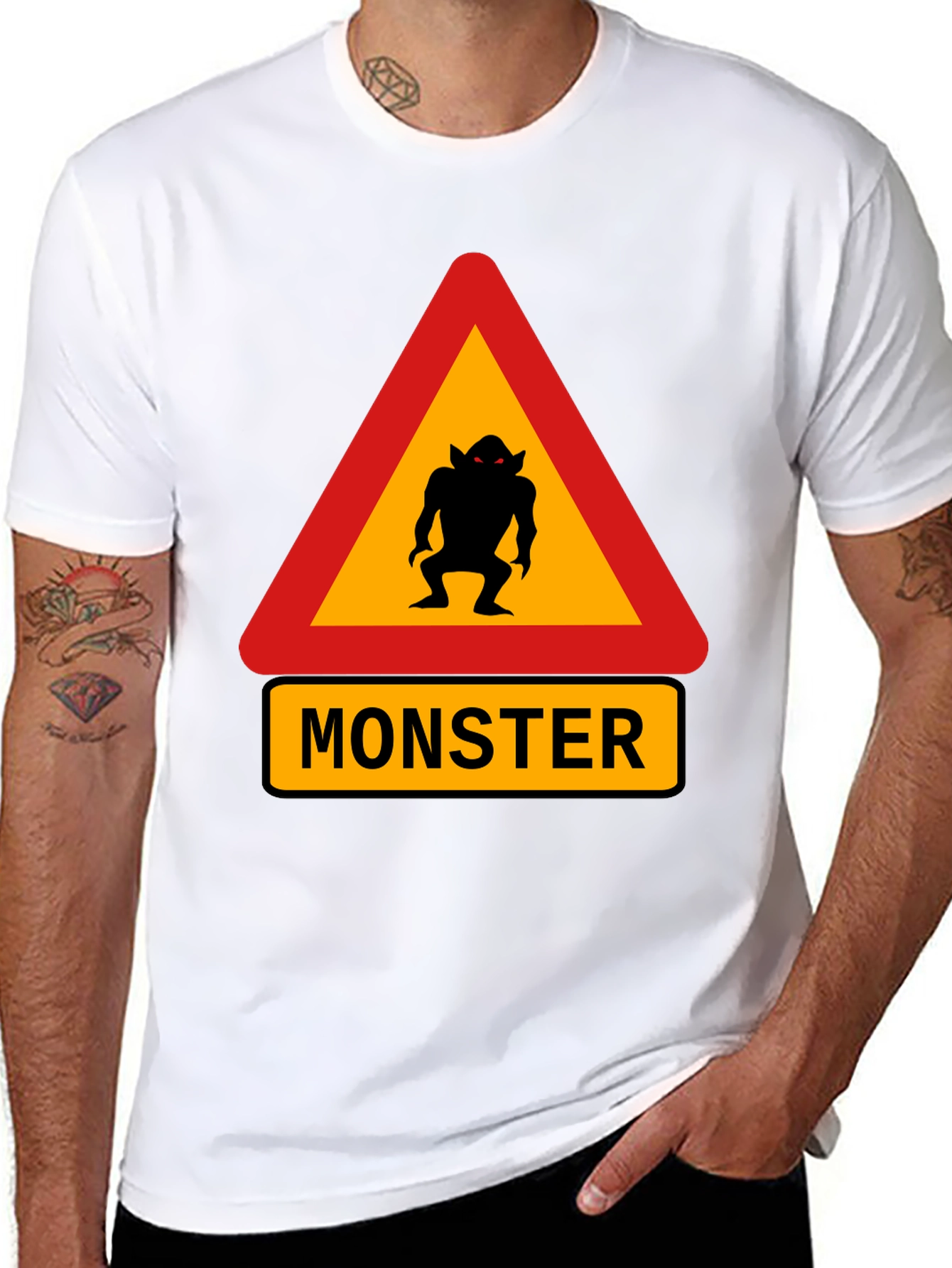 Monster Warning Sign Black T-Shirt
