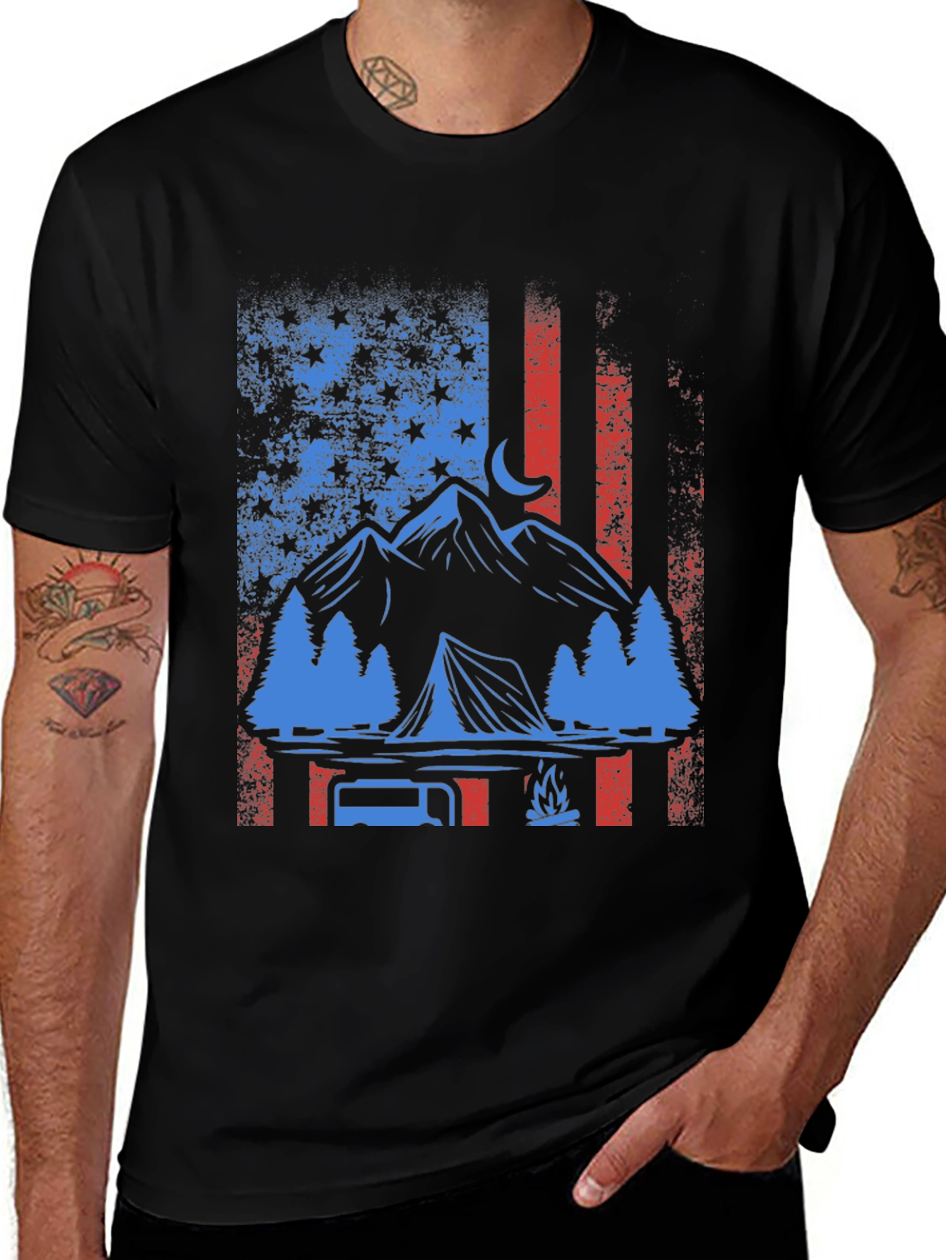 Patriotic Camping T-Shirt - American Flag Design