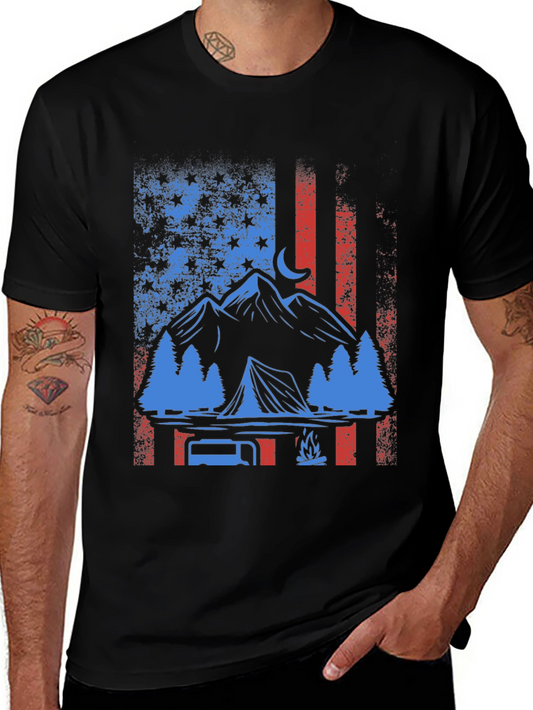 Patriotic Camping T-Shirt - American Flag Design