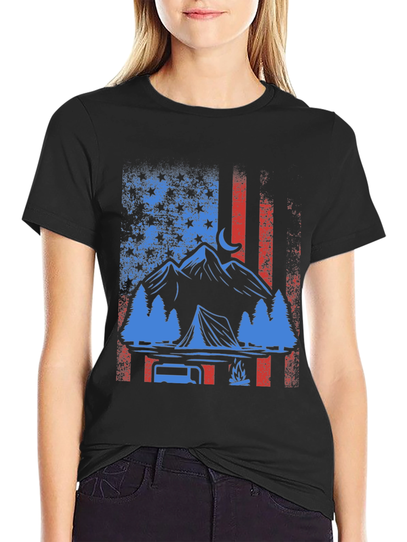 Patriotic Camping T-Shirt - American Flag Design