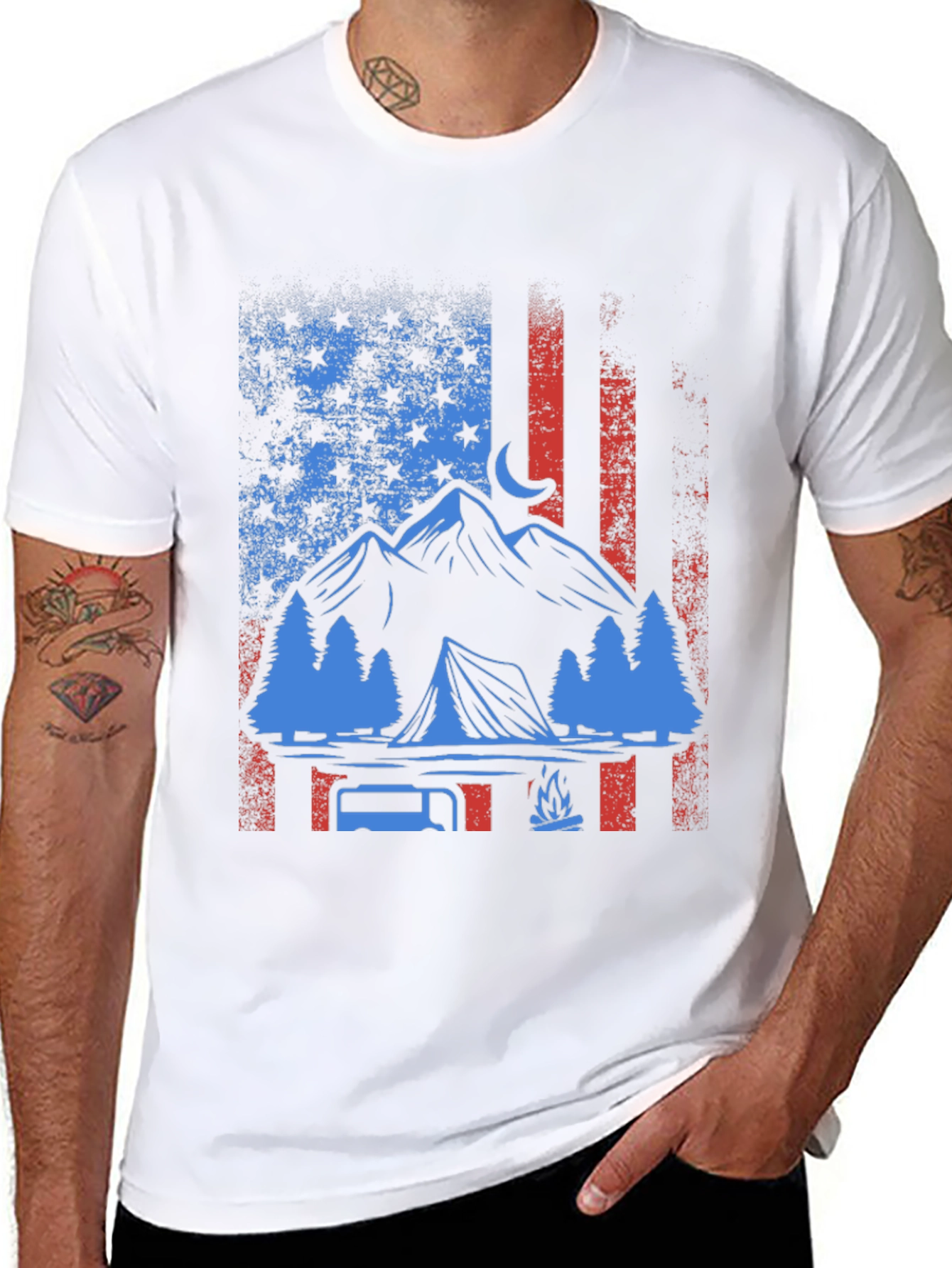 Patriotic Camping T-Shirt - American Flag Design