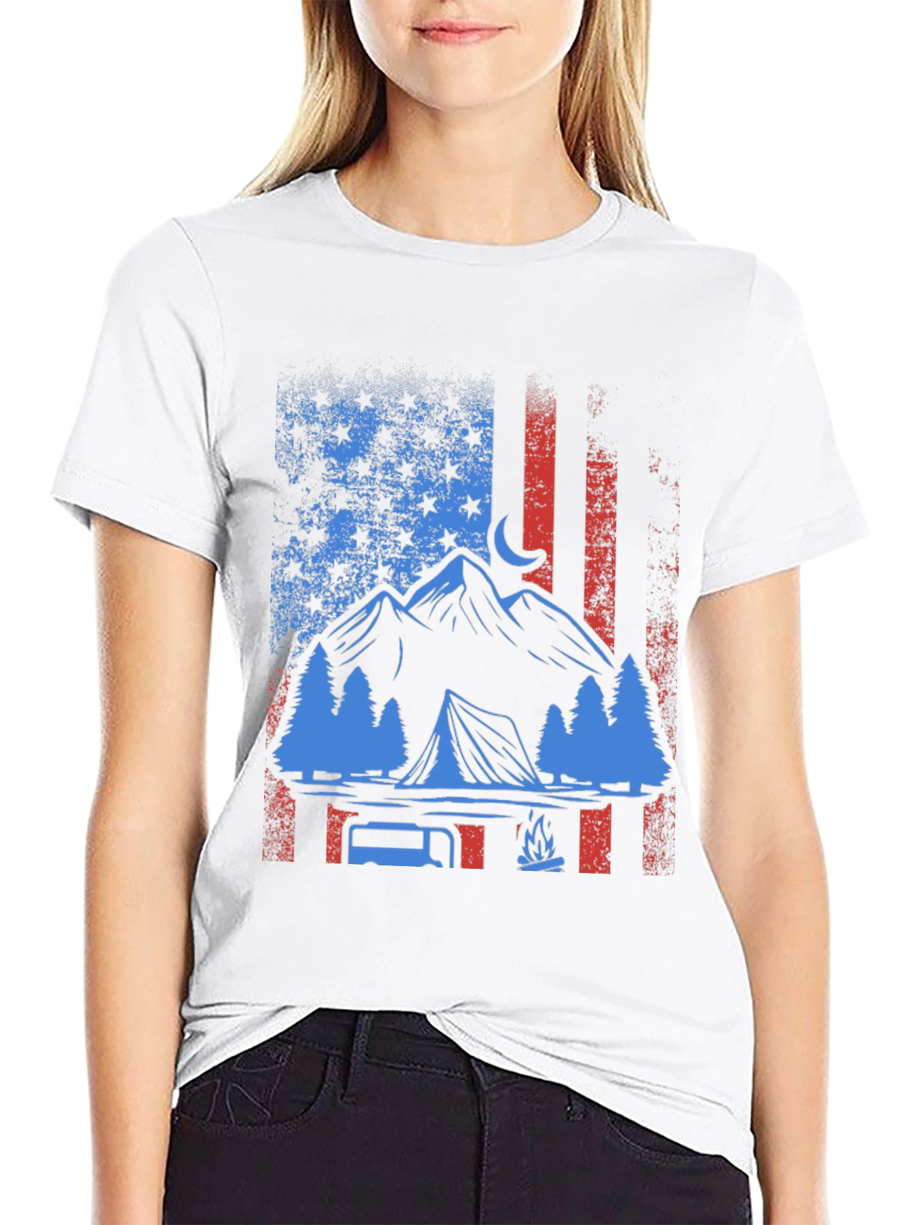 Patriotic Camping T-Shirt - American Flag Design