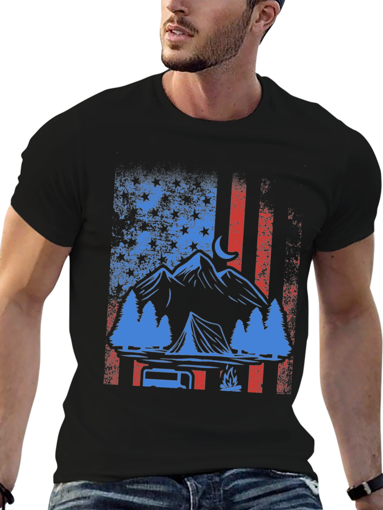 Patriotic Camping T-Shirt - American Flag Design