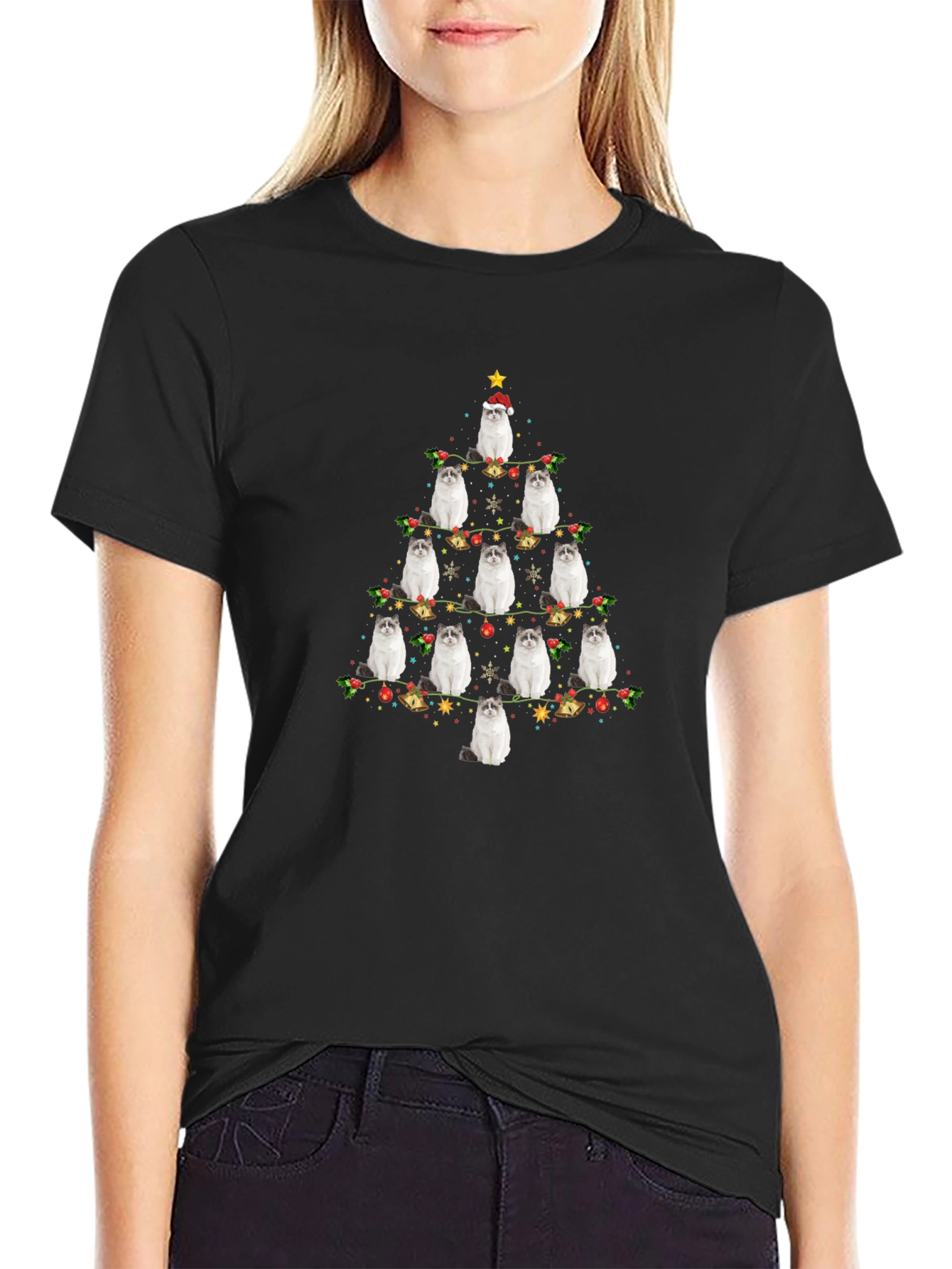 Festive Cat Christmas Tree Graphic Tee