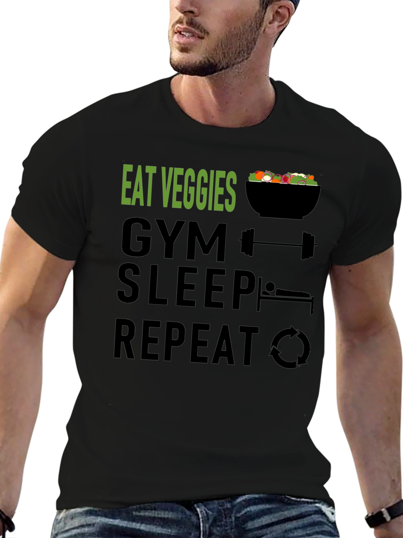 Eat Veggies Gym Sleep Repeat Funny Workout Shirt