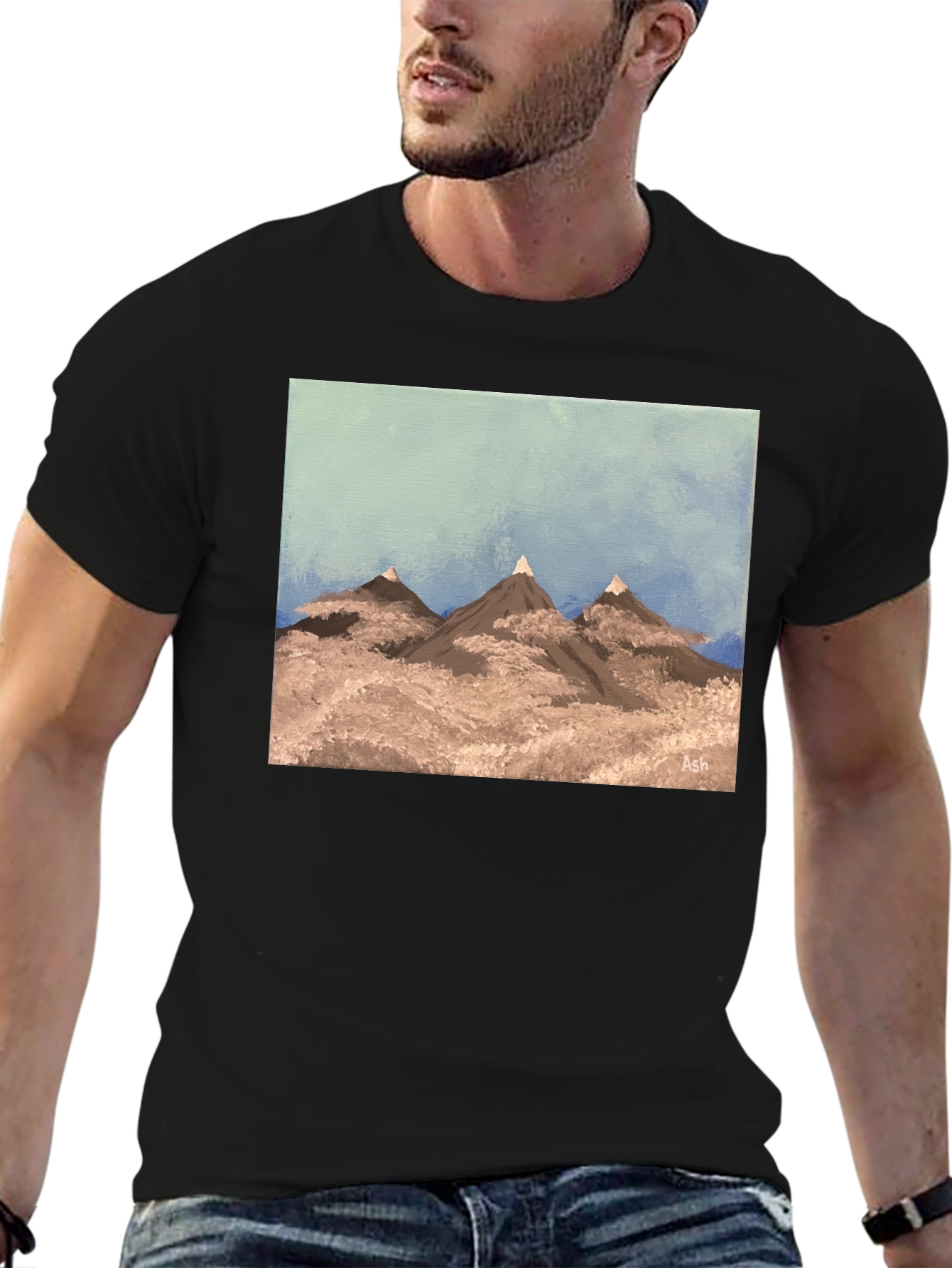 Painted Mountain Scene Graphic Tee - Black