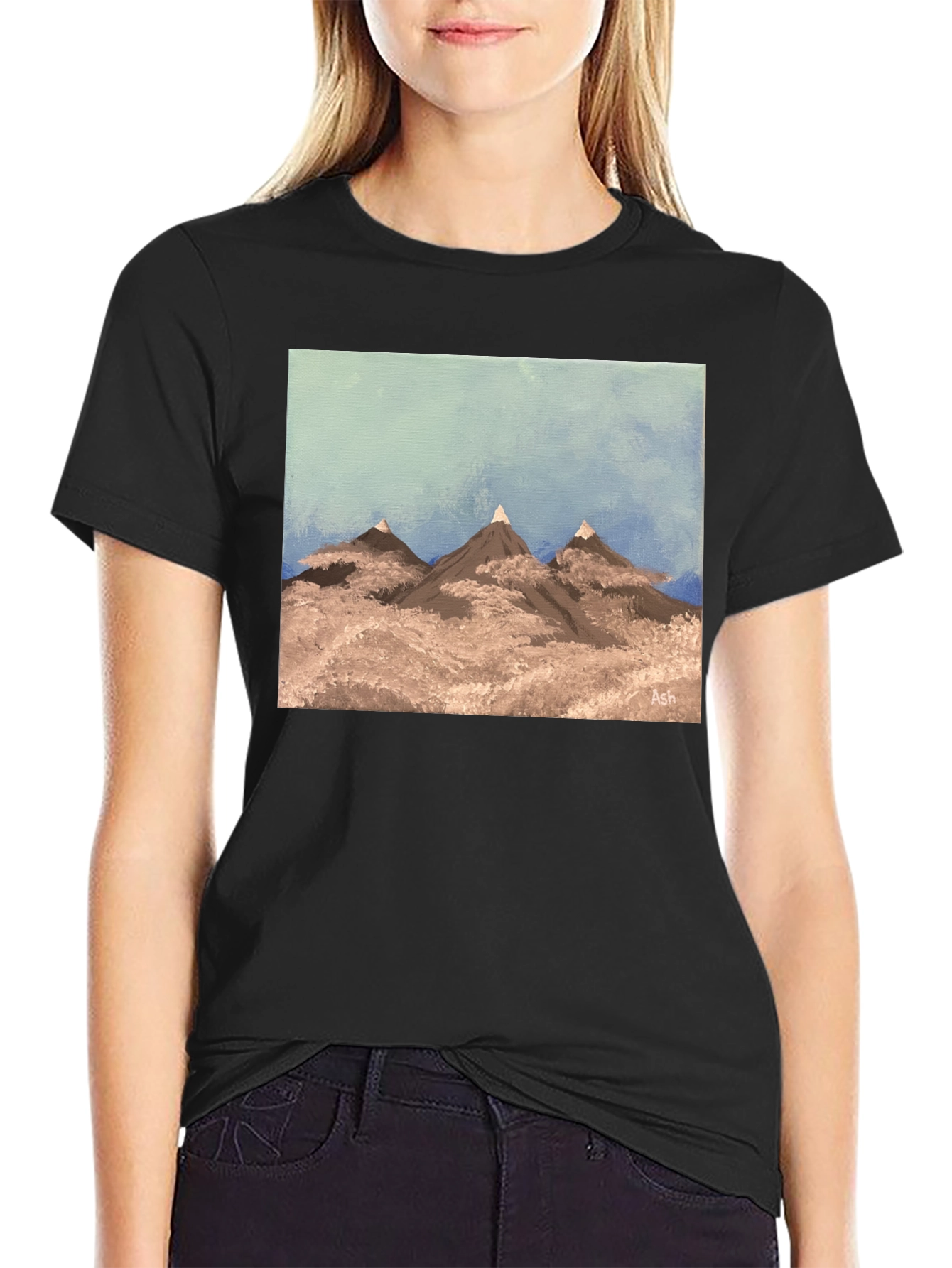 Painted Mountain Scene Graphic Tee - Black