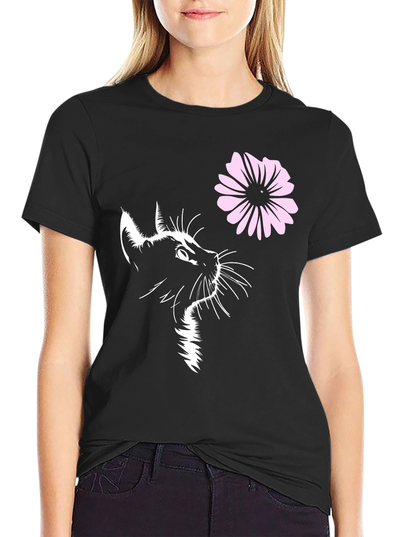 Black Cat & Flower Graphic T-Shirt