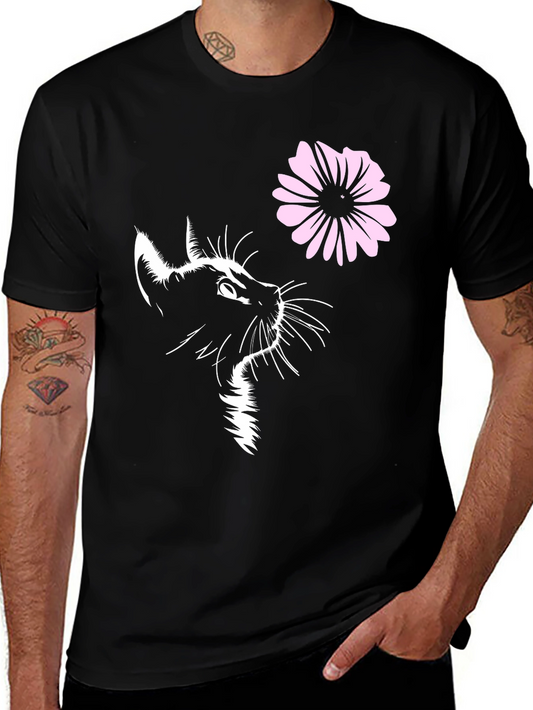 Black Cat & Flower Graphic T-Shirt