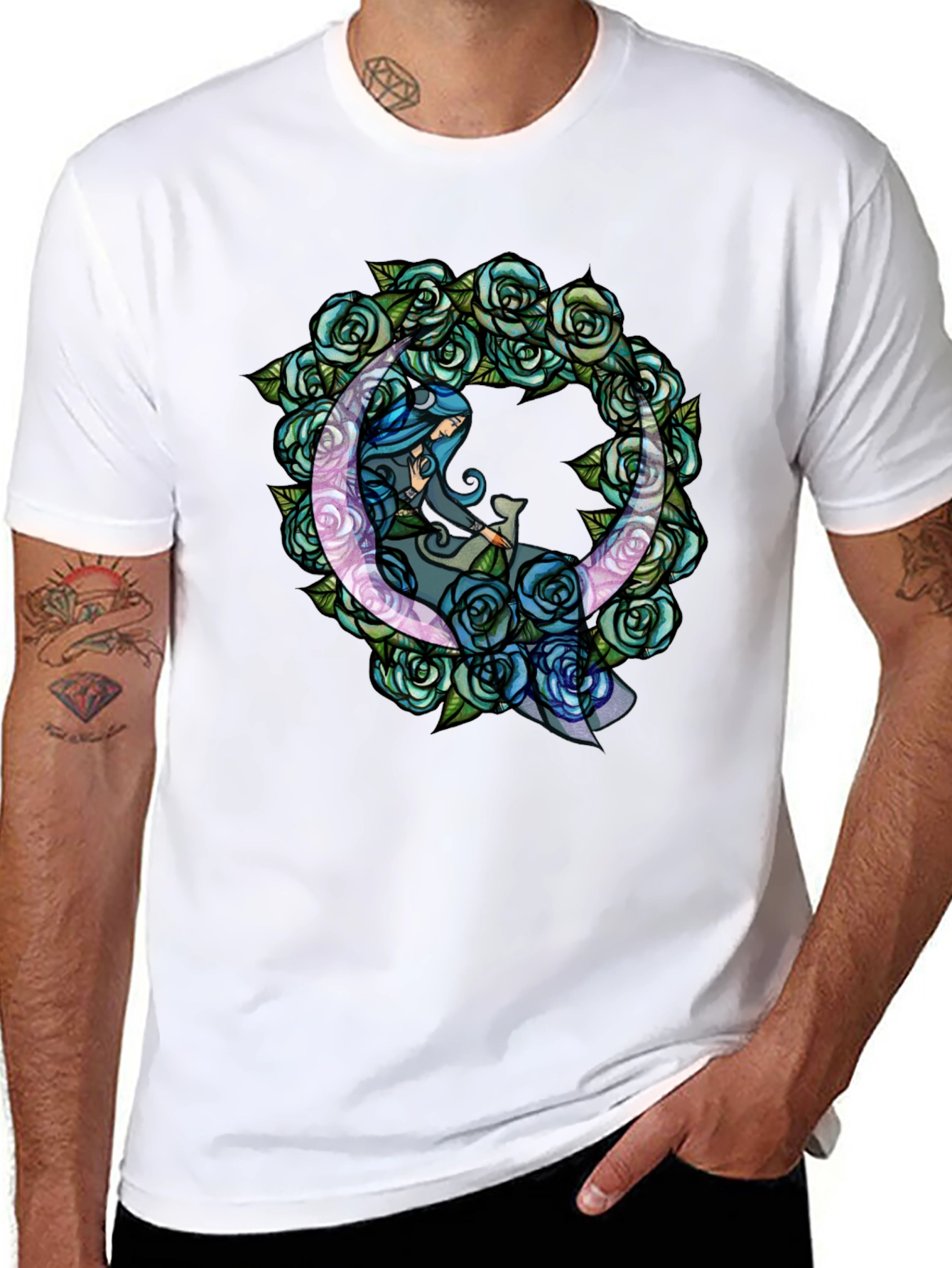 Mystic Moon & Roses Graphic T-Shirt - Black