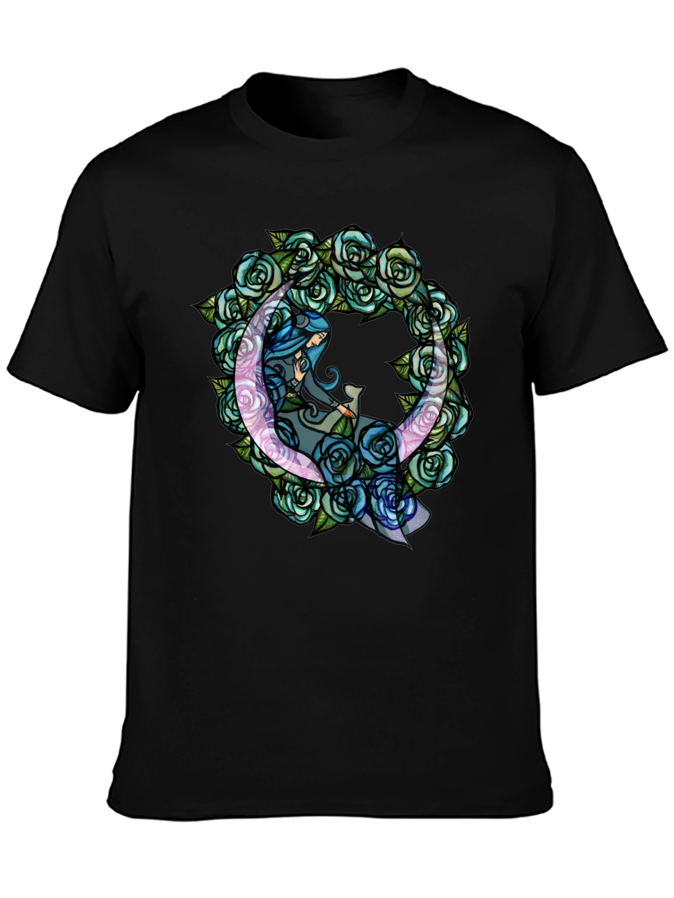 Mystic Moon & Roses Graphic T-Shirt - Black